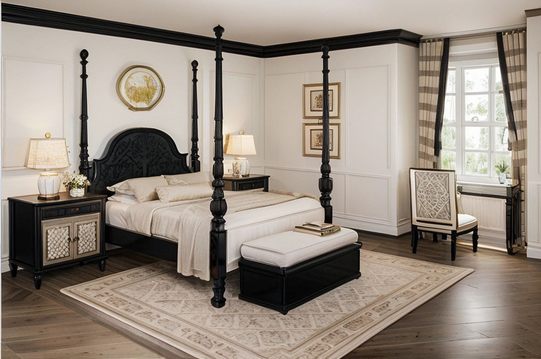 indochine bedroom interior design, a bedroom with bed, lamp, rug, flower vase, pillow, bench, chandelier, herringbone floor, (black wood furnitures), picture frame, wall painted picture backside of bed, pillow, book, lamp, day, 8k uhd, dslr, soft lighting, high quality, film grain, Fujifilm XT3