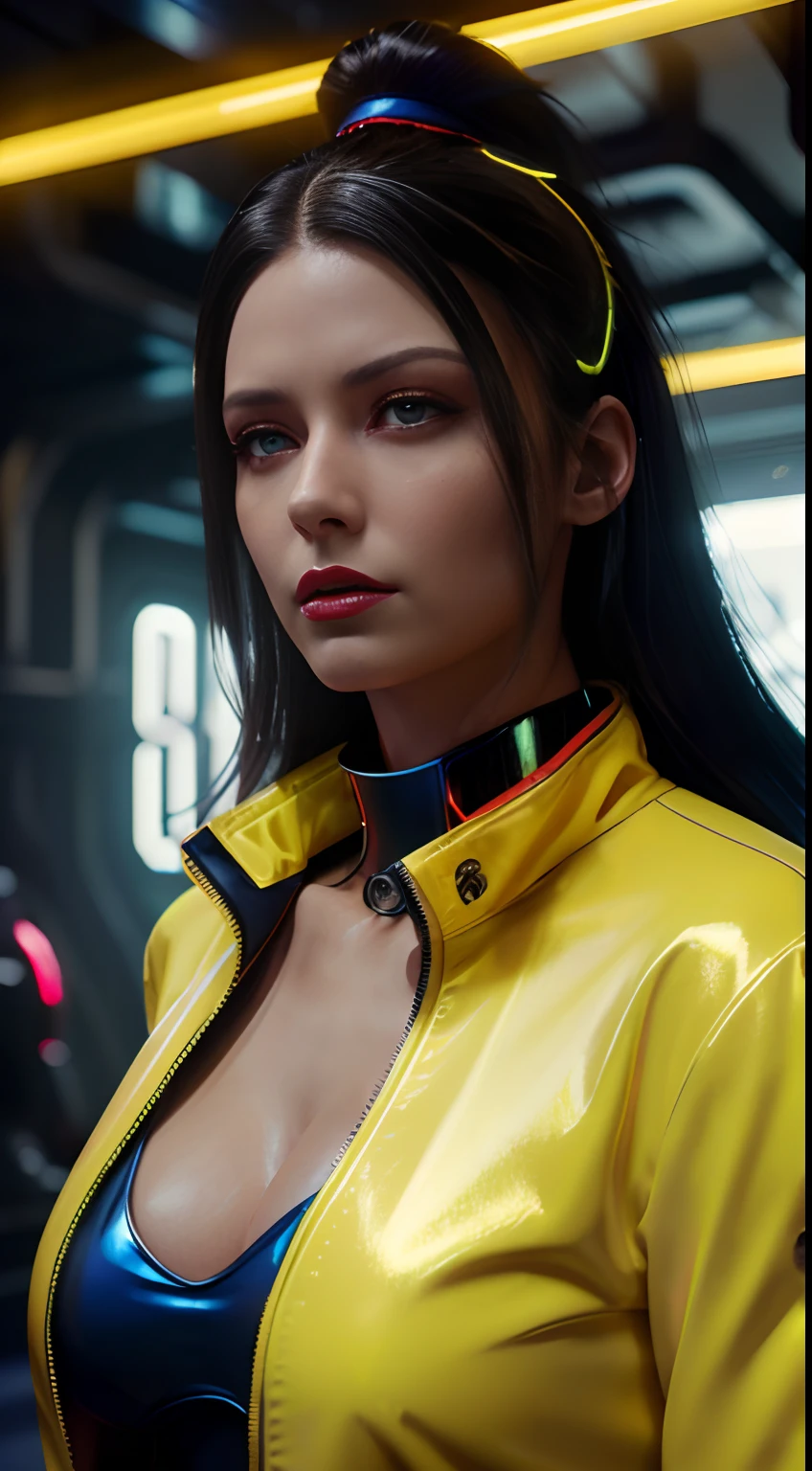 professional， best quality， masterpiece），perfect face, ((beautiful red eyes)),dark red lipstick, ((blue shiny long hair)), ((massive perfect breast)), muscular body, ((neon yellow jacket)), collar, cyberpunk futuristic city, cyber suit, HDR, ultra realistic detailed face, unreal engine 5, ultra sharp, ray tracing cinematic shot,