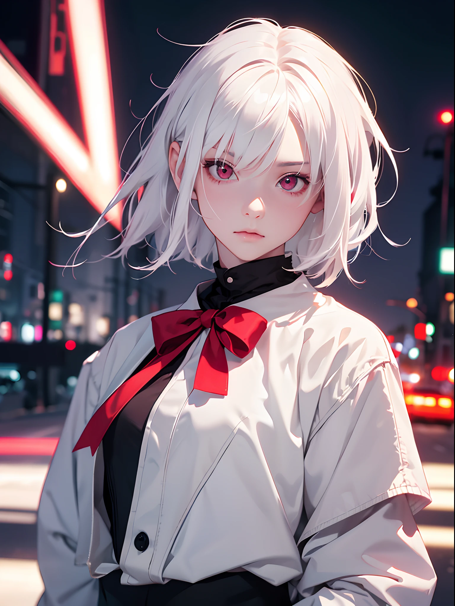 1girl,Albino, cute, white hair, short hair, beautiful, long hair,red eyes, wearing a jacket, hair with a ribbon,night light ((8k, UHD, ultra realistic))?