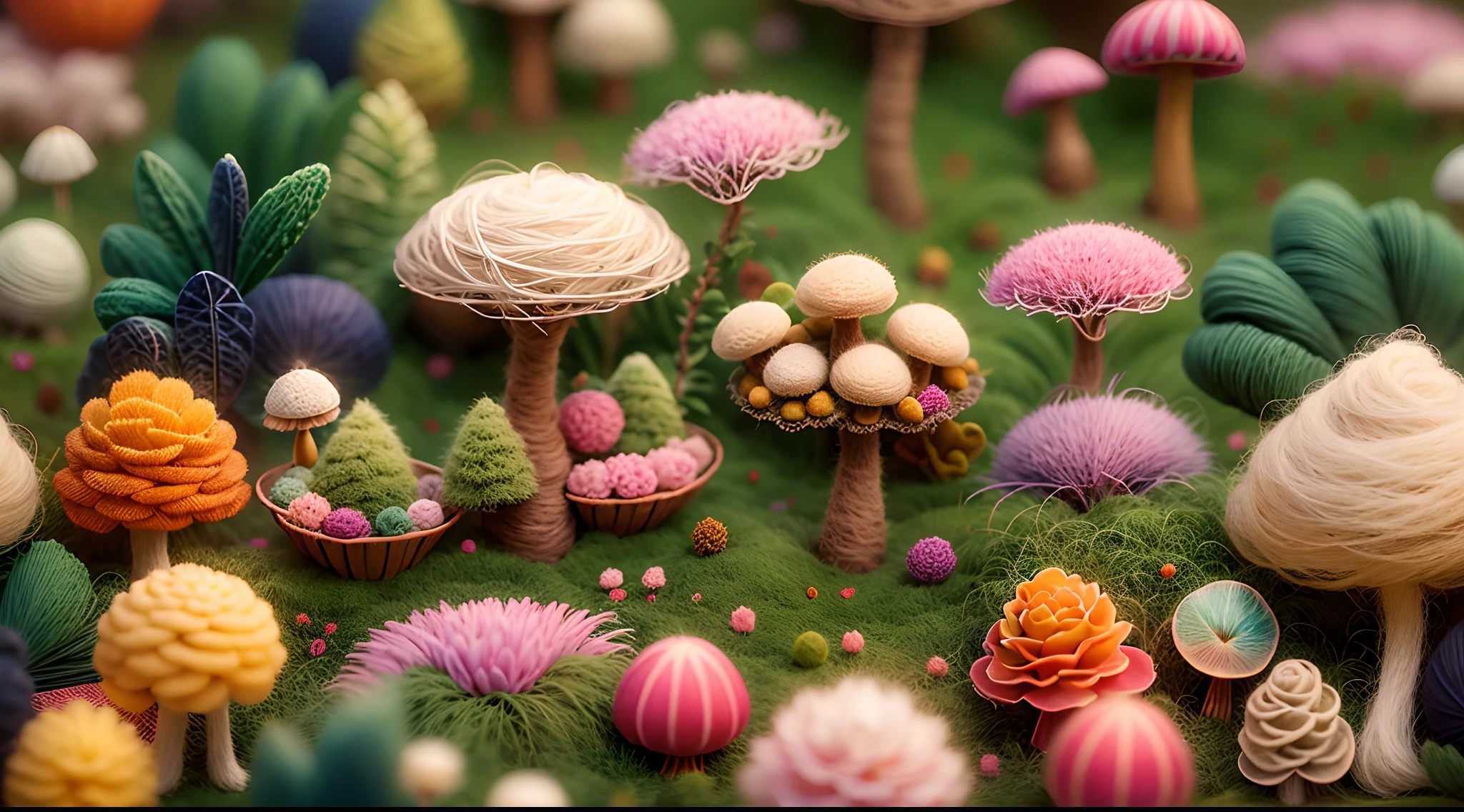 Wool felt animation,Dreamy Wonderland,an enchanted forest,Superb needlework details,Imaginative landscape,Soft touch,Knitted fabric makeover,Subtle lighting effects,A saturated color palette,Hand-dyed wool fibers,Rose garden,Lush greenery, Vibrant mushrooms, bru，Lodge，The magical world of wool felt.