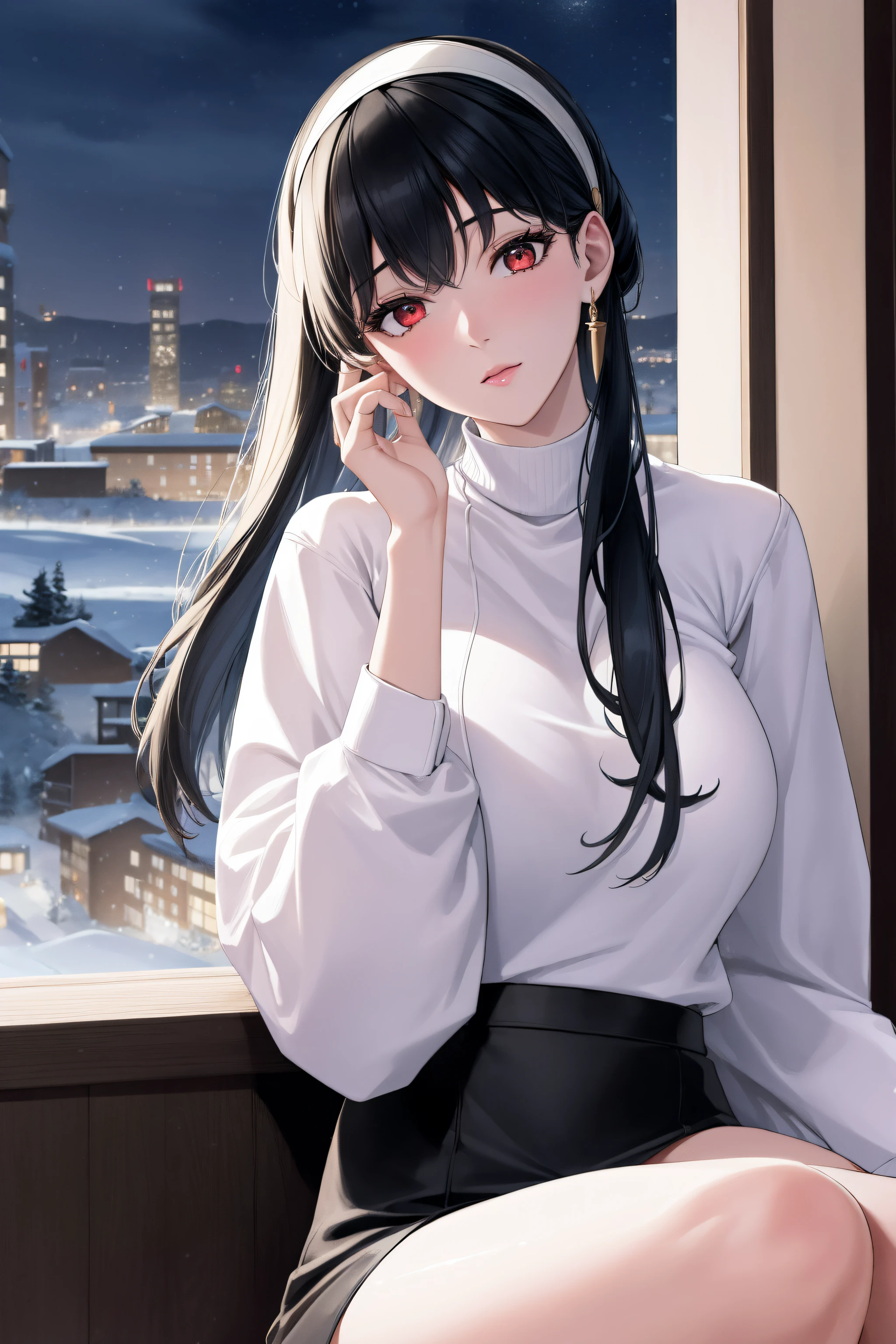 (Night:1.7), palms, pine_tree,sky,snow, snowing,tower, town, tree,
sitting at attention,sitting on couch,
pink turtleneck black capelet white shirt jewelry white sleeves long sleeves navel cutout black skirt pink frills,
bbyorf, short hair with long locks, white hairband, red eyes, gold earrings, 
1 girl, 20yo,mature female,Beautiful Finger,Beautiful long legs,Beautiful body,Beautiful Nose,Beautiful character design, perfect eyes, perfect face,
looking at viewer, (innocent_big_eyes:1.0),(expressionless:1.3),
NSFW,official art,extremely detailed CG unity 8k wallpaper, perfect lighting,Colorful, Bright_Front_face_Lighting,
(masterpiece:1.0),(best_quality:1.0), ultra high res,4K,ultra-detailed,
photography, 8K, HDR, highres, absurdres:1.2, Kodak portra 400, film grain, blurry background, bokeh:1.2, lens flare, (vibrant_color:1.2)
(Beautiful,medium_Breasts:1.4), (beautiful_face:1.5),(narrow_waist),