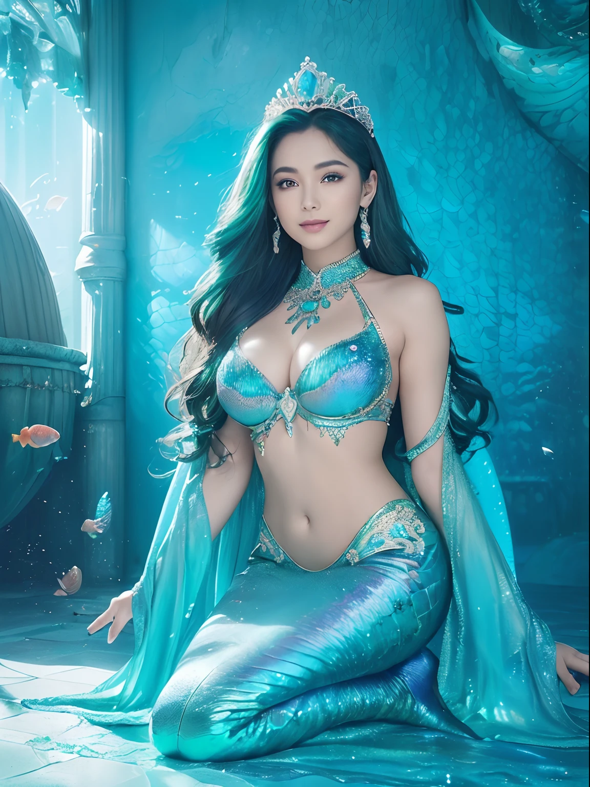 ((Photorealistic Little Mermaid,Very slender,large full breasts,Photograph your face up close,Mermaid tail,beautiful scaled tail,Sitting in a fantastic and special bed,Mermaid sitting on bed,Looking at the camera,Big smile,Shot from up close,Also photographed tail)),(((((The wall of the room is a water tank,Arched walls,There are two water tanks.,Rooms surrounded by aquariums,Everything on the wall is a water tank,Large aquarium,Fish swim in an aquarium,Sewage tank.,The floor is a huge aquarium,The wall is a huge aquarium,Complex and fine aquarium delineation,Detailed depiction of the aquarium,Richly decorated aquarium,aquariums,Beautiful fish swim in an aquarium))))),(((A space based on emerald blue and blue, Iridescent scales,Rainbow glowing scales,Lots of beautiful corals and shells in the room,Wonderful decorative bed))),(White teeth,Perfect gas chamber,A big smile staring at the camera,Mermaid tail,japanes,waved hair),((with an intricate, Finely shining scales,Full Body Jewelry Decoration,The Most Gorgeous Princess Costume,The most gorgeous decoration,Intricate jewels all over her body,de pele branca,fair glowing skin,Detailed her face,Glowing scales,Very finely drawn scales,Giant Tiara,)),((Crisp and detailed background,The whole room is fantastically decorated,Everything is a fantastic and glittering background,)),((Top image quality,8K,Photos taken with a single-lens reflex camera))
