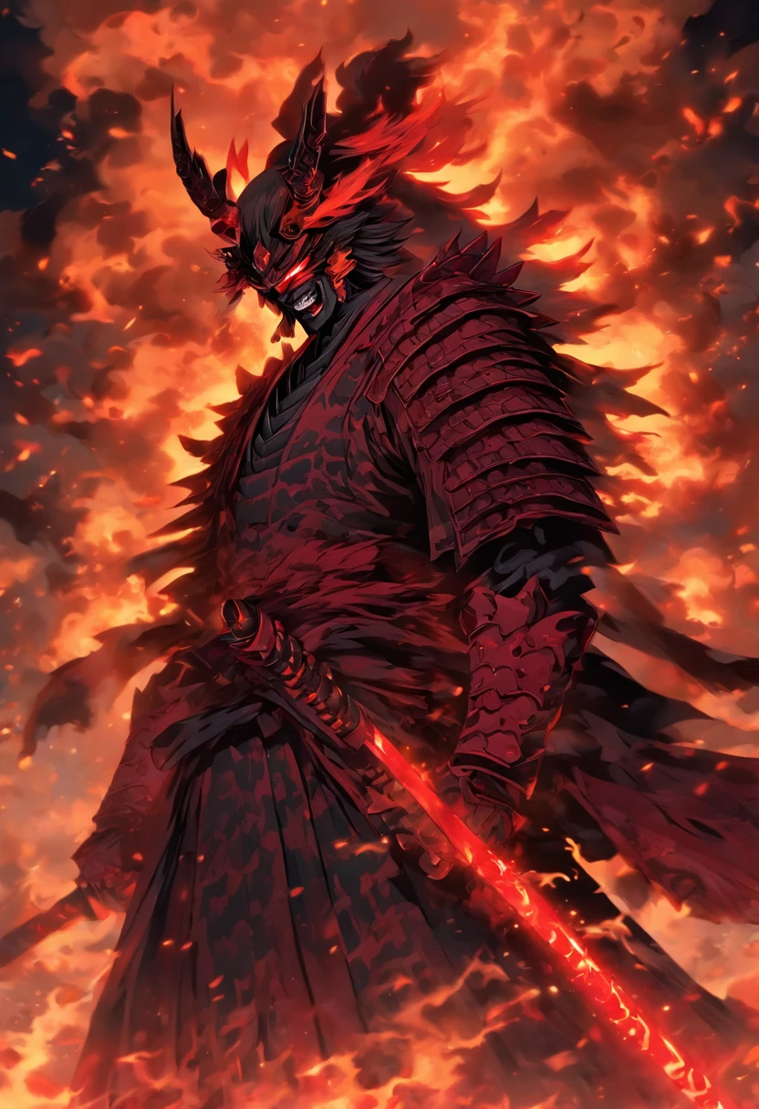 In a world consumed by darkness, Where ancient legends come to life, Imagine a demonic shogun emerging from the fiery depths of hell. Depict a fearsome character dressed in crimson armor, An ethereal glow emanating from every crevice. With eyes that burn like hellfire, They pierce the abyss, reflecting the malevolence that resides within us. Perched on a blood-soaked battlefield, Their presence commands both fear and respect, Ruler of Shadows and Master of Chaos. The dark aura that surrounds them engulfs the surroundings, as if the air itself trembled with reverence. in background, A crimson sky paints an ominous canvas, as menacing clouds swirl, reflecting the restlessness in their souls. Capture the essence of this demonic shogun, The Embodiment of Power and Destruction, in an image that sums up the fiery dominance and sinister allure of their evil R
