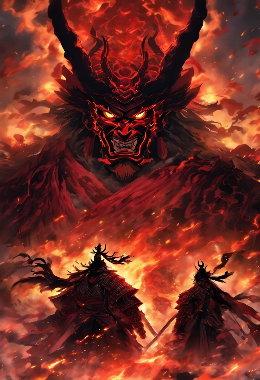 In a world consumed by darkness, Where ancient legends come to life, Imagine a demonic shogun emerging from the fiery depths of hell. Depict a fearsome character dressed in crimson armor, An ethereal glow emanating from every crevice. With eyes that burn like hellfire, They pierce the abyss, reflecting the malevolence that resides within us. Perched on a blood-soaked battlefield, Their presence commands both fear and respect, Ruler of Shadows and Master of Chaos. The dark aura that surrounds them engulfs the surroundings, as if the air itself trembled with reverence. in background, A crimson sky paints an ominous canvas, as menacing clouds swirl, reflecting the restlessness in their souls. Capture the essence of this demonic shogun, The Embodiment of Power and Destruction, in an image that sums up the fiery dominance and sinister allure of their evil R