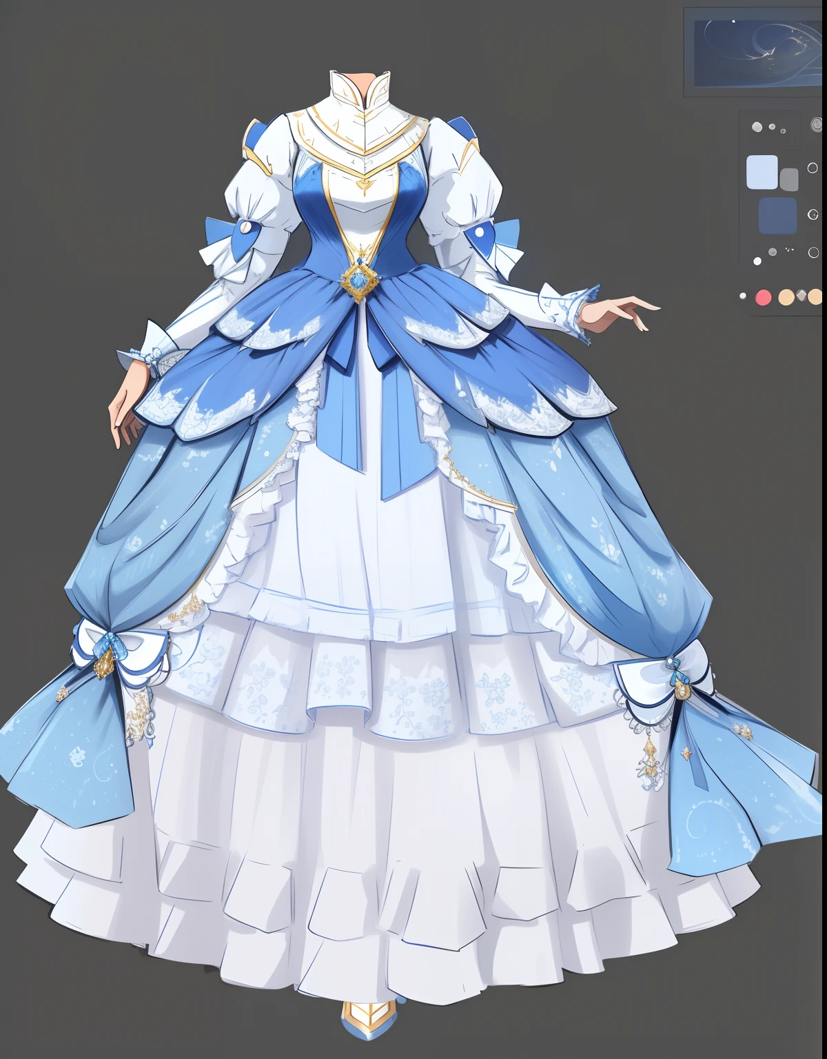 Close-up of dress with blue and white dress, Costume with blue accents, very detailed and rich clothing, Robe. extremly high detail, clothing design, royal robe, clear outfit design, expensive voluminous dress, multilayered outfit, costume desig, lunar themed attire, offcial dress, dreamy dress, full body detailing, fantasyoutfit