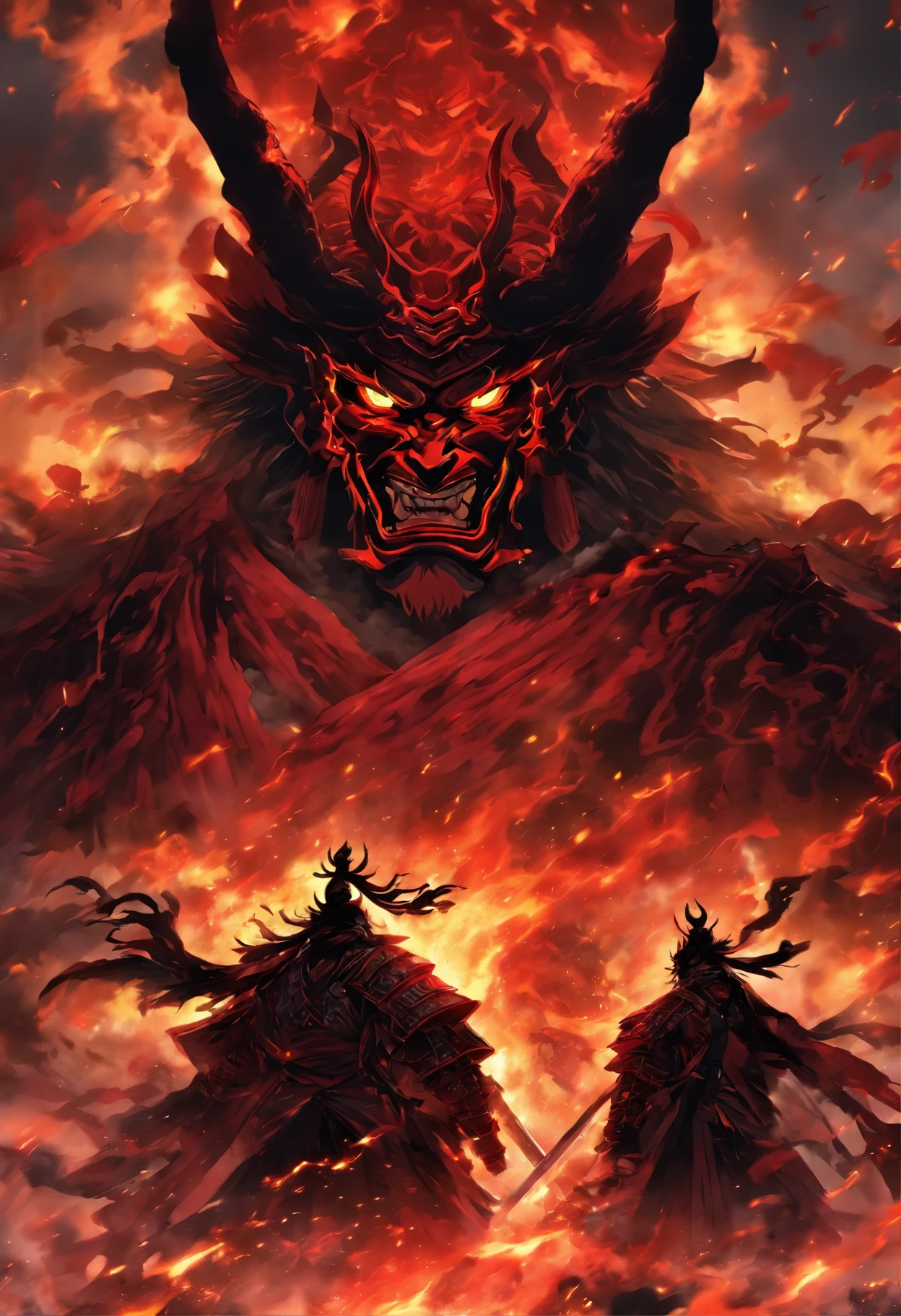 In a world consumed by darkness, Where ancient legends come to life, Imagine a demonic shogun emerging from the fiery depths of hell. Depict a fearsome character dressed in crimson armor, An ethereal glow emanating from every crevice. With eyes that burn like hellfire, They pierce the abyss, reflecting the malevolence that resides within us. Perched on a blood-soaked battlefield, Their presence commands both fear and respect, Ruler of Shadows and Master of Chaos. The dark aura that surrounds them engulfs the surroundings, as if the air itself trembled with reverence. in background, A crimson sky paints an ominous canvas, as menacing clouds swirl, reflecting the restlessness in their souls. Capture the essence of this demonic shogun, The Embodiment of Power and Destruction, in an image that sums up the fiery dominance and sinister allure of their evil R