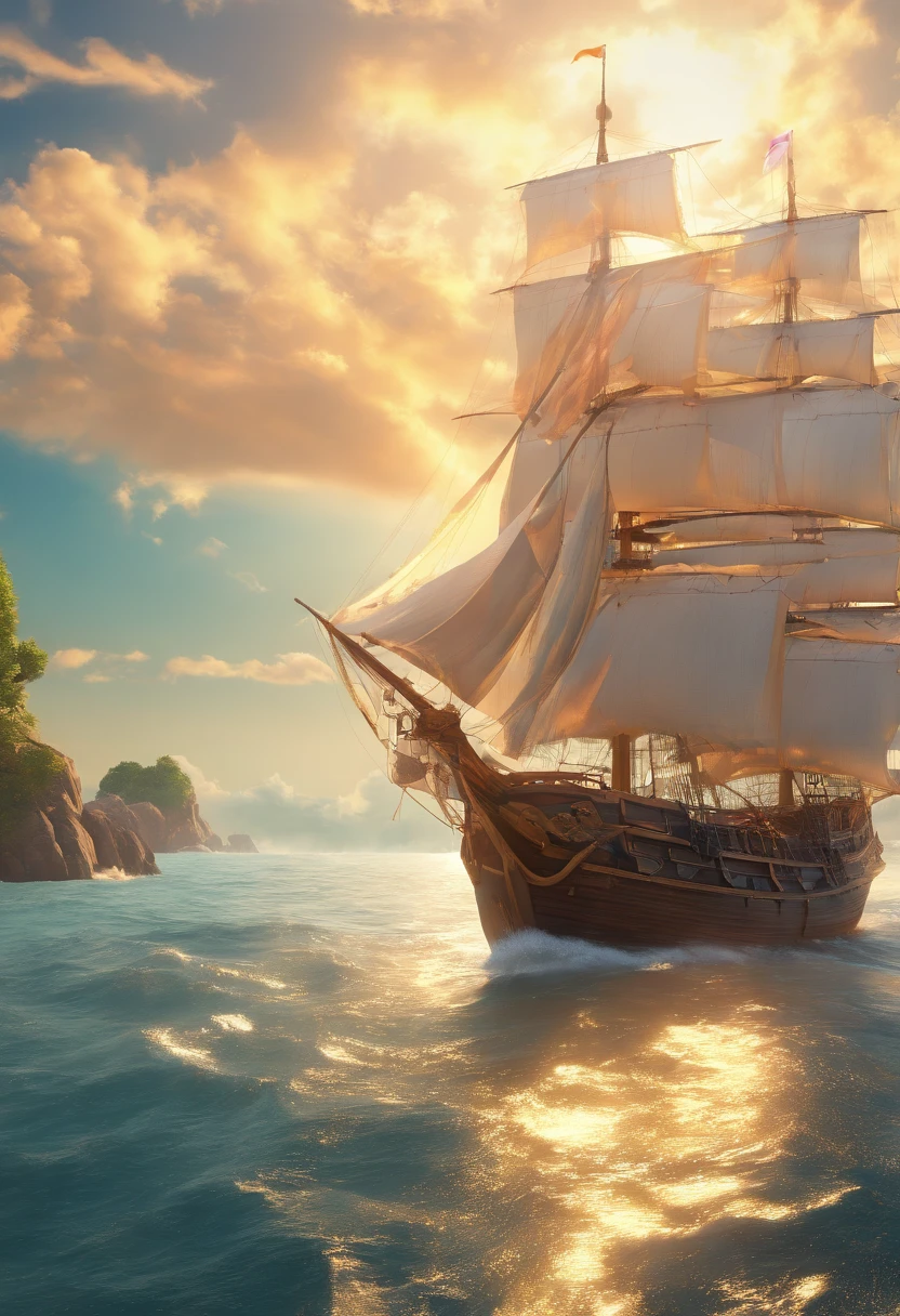 (((Masterpiece, Highest Quality, High definition, High Detail)))), ((((Fantasy))), 1, (Elven Woman)))), (Short skirt in white with gold embroidery), (blonde long straight hair), (Glossy dark green eyes), (Gold embroidered white ruffled blouse), Big, (((On the deck of a sailing ship at sea)), (The vast expanse of the ocean))), (The firmament with a view of the clouds)), (( Seagulls in the sky)), Smile, (Breeze), Flying particles of light