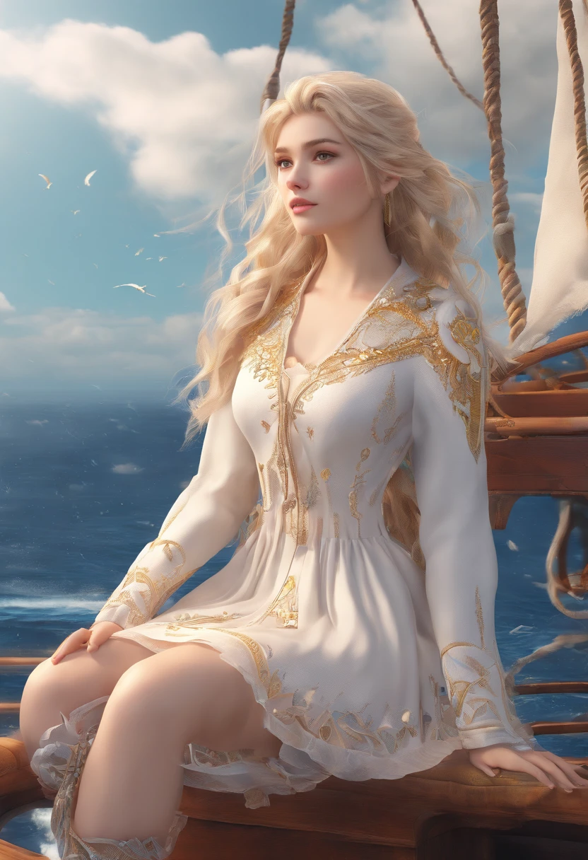 (((Masterpiece, Highest Quality, High definition, High Detail)))), ((((Fantasy))), 1, (Elven Woman)))), (Short skirt in white with gold embroidery), (blonde long straight hair), (Glossy dark green eyes), (Gold embroidered white ruffled blouse), Big, (((On the deck of a sailing ship at sea)), (The vast expanse of the ocean))), (The firmament with a view of the clouds)), (( Seagulls in the sky)), Smile, (Breeze), Flying particles of light
