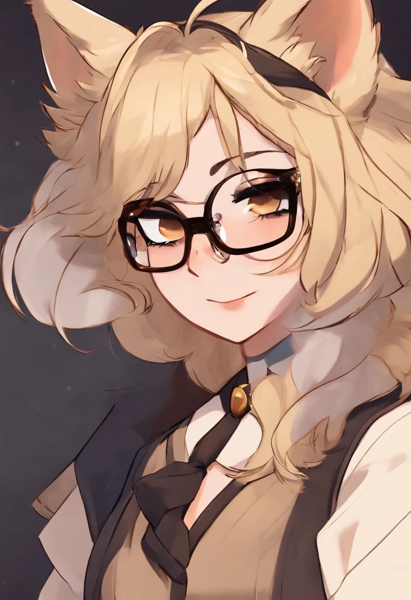there is a draw image of a germany shepherd with glasses and a evade dress black, draw avatar, fursona, furry style, furry character, furry furaffinity, furry fursona, thicc, furry cute style, fursona!!!!, halfbody, hyena fursona, cheap messy blonde hair, butch, bigger dick