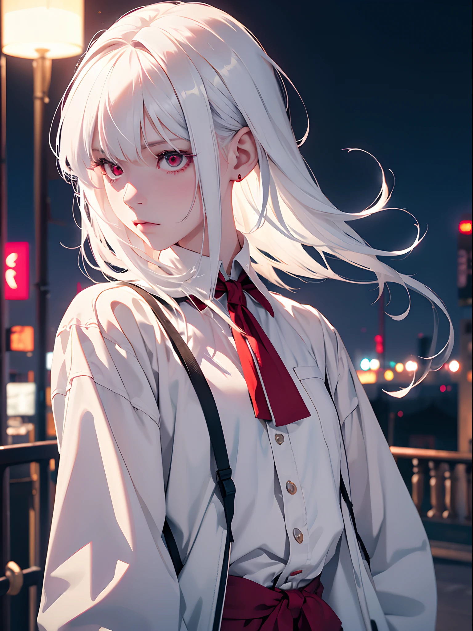 1girl,Albino, cute, white hair, short hair, beautiful, long hair,red eyes, wearing a jacket, hair with a ribbon,night light ((8k, UHD, ultra realistic))?