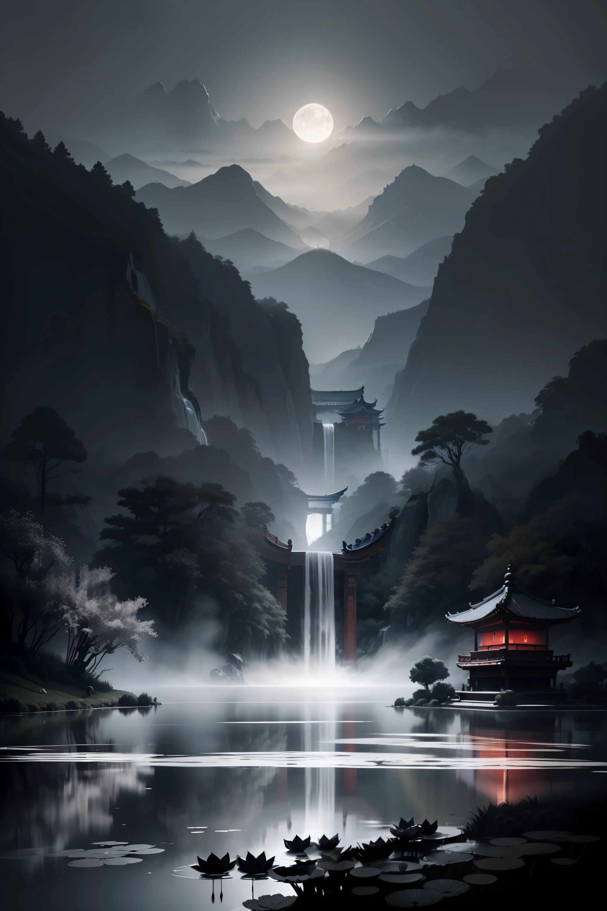 scenery,hell, Hellbringers,Chinese martial arts style,Asian night view with lanterns and water lilies,Asian ponds，There are many lanterns and boats，Night view can be enjoyed，There are many lights and boats in the water, Lake surface, lotuses,beautiful night scene,(((Chinese martial arts style))), with vast sky, Continuous mountains and steep cliffs, ink wash style, outline light, Atmospheric atmosphere, Depth of field, mist rising, Bamboo, pines, Octagonal stone pavilion, waterfall flowing water,large full moon,(No color) , monochrome, Light color,dispersion, Rainbow,