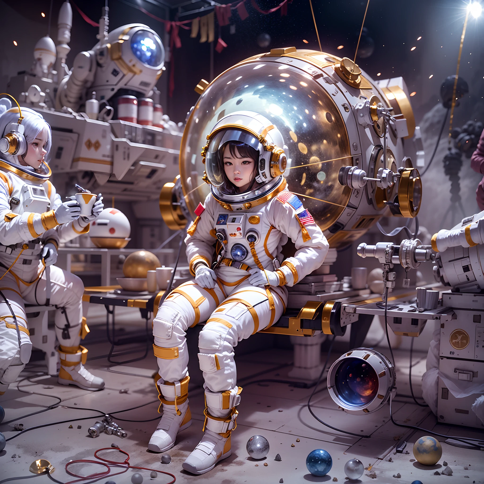 Combat astronauts on the moon,Lunar environment,studio lit,Beautiful woman in luxury spacesuit,The forehead is decorated with precious stones,Silver pen drawings,清晰的线条,Global close-up,Sit on the spacecraft,Equipped with a six-barreled Gatling cannon and laser sword,first person perspective,Chinese elements,Festive atmosphere,Golden-red,Dramatic lighting,Granular film,Ray traching,
