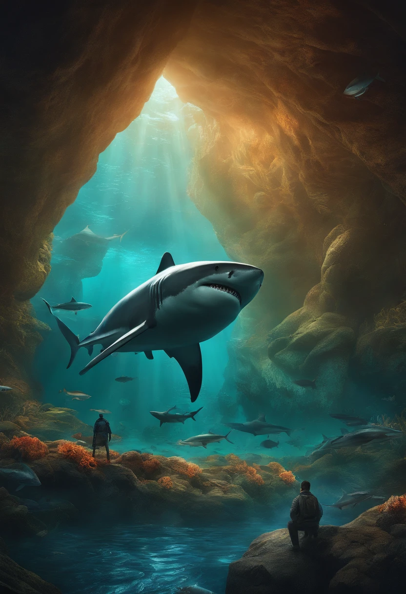 A man stands in a cave，Sharks and schools of fish in the background，epic poster art，sci - fi horror art，epic fantasy sci fi illustration，Epic surrealism，Oil painting in 8K