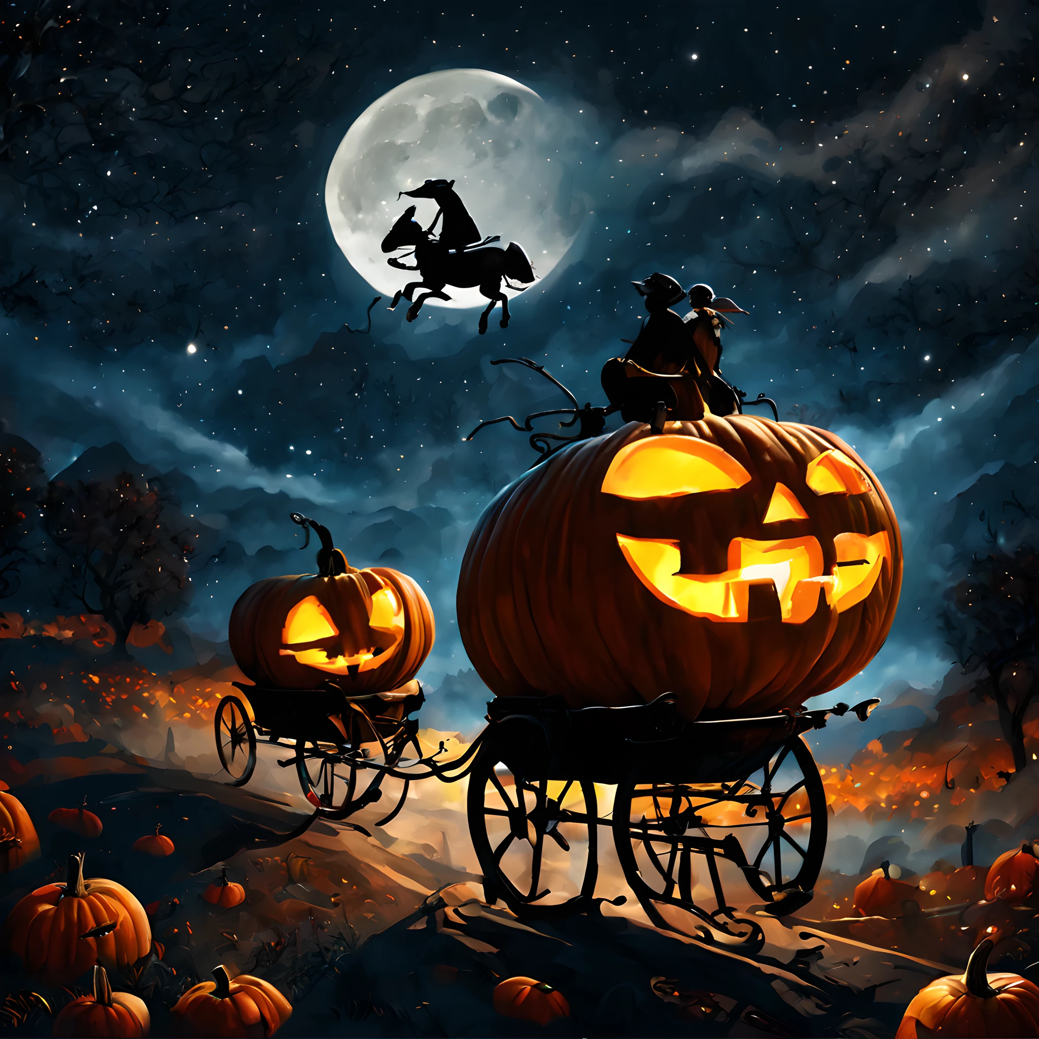 (halloween theme:1.0), (ET:1.5), (Pumpkin Carriage:1.5), (commercial image:1.3), flying starry sky like a movie "ET", Like the famous scene of the movie ET、Pumpkin Carriage soars through the sky、under huge full moon, silhuette、