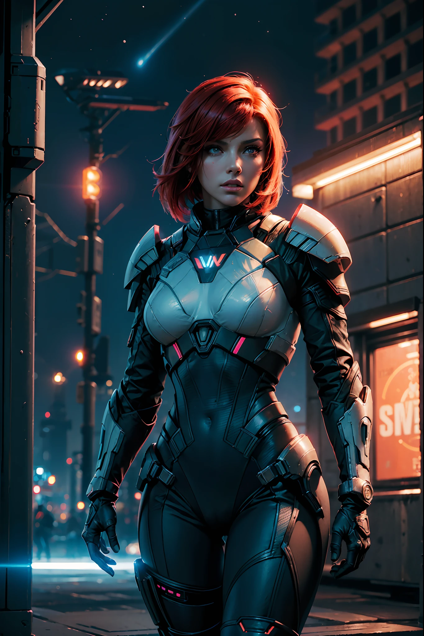 (Perfect Quality), (neon lights), a closeup of a, ((1 woman), Female Commander Shepard from Mass Effect, Redhead, athletic, beatiful face),( walks through the city), (hands on the waist), (Battle armor), ( Nebula in the background)