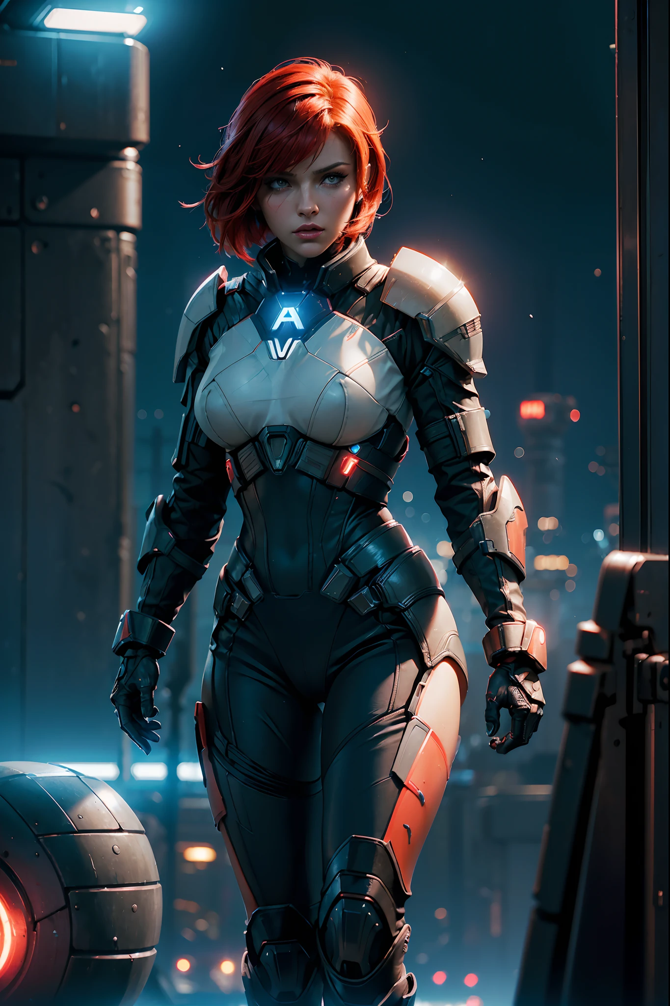 (Perfect Quality), (neon lights), a closeup of a, ((1 woman), Female Commander Shepard from Mass Effect, Redhead, athletic, beatiful face),( walks through the city), (hands on the waist), (Battle armor), ( Nebula in the background)