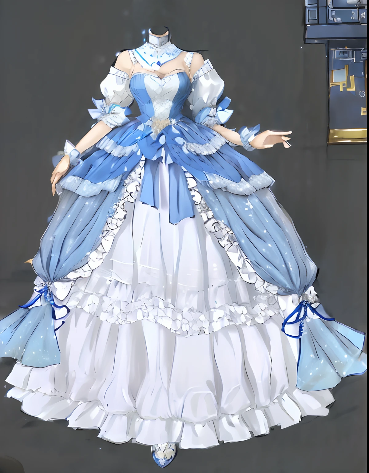 Close-up of dress with blue and white dress, Costume with blue accents, very detailed and rich clothing, Robe. extremly high detail, clothing design, royal robe, clear outfit design, expensive voluminous dress, multilayered outfit, costume desig, lunar themed attire, offcial dress, dreamy dress, fantasyoutfit, full body detailing