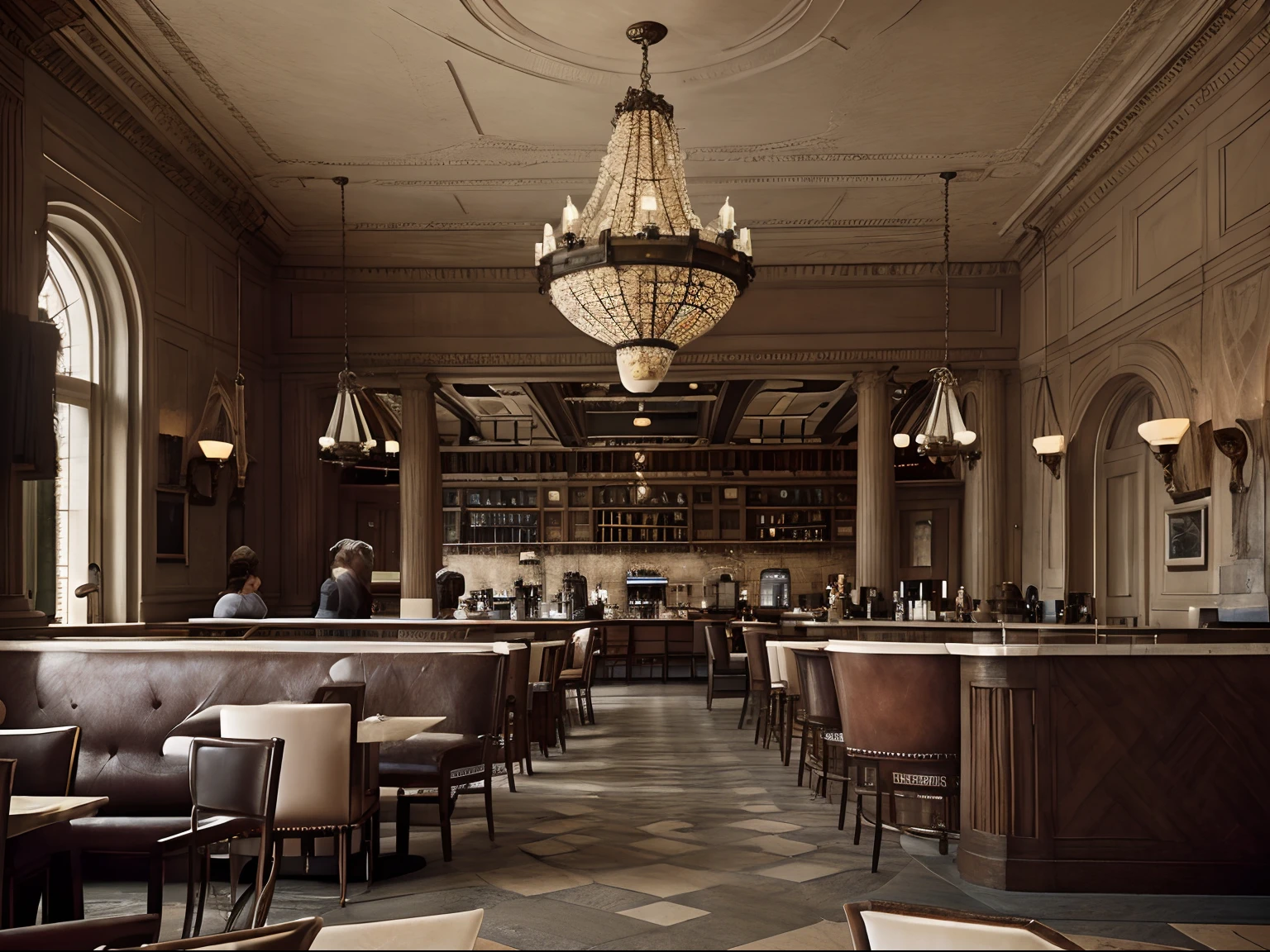 Restaurant with bar, Starbucks Interior, by Thomas Dalziel, ornate dining room, Neoclassical architecture, inspired by Alasdair Gray, Indoor coffee, by David Annand, inspired by Charles Dana Gibson, Realistic images