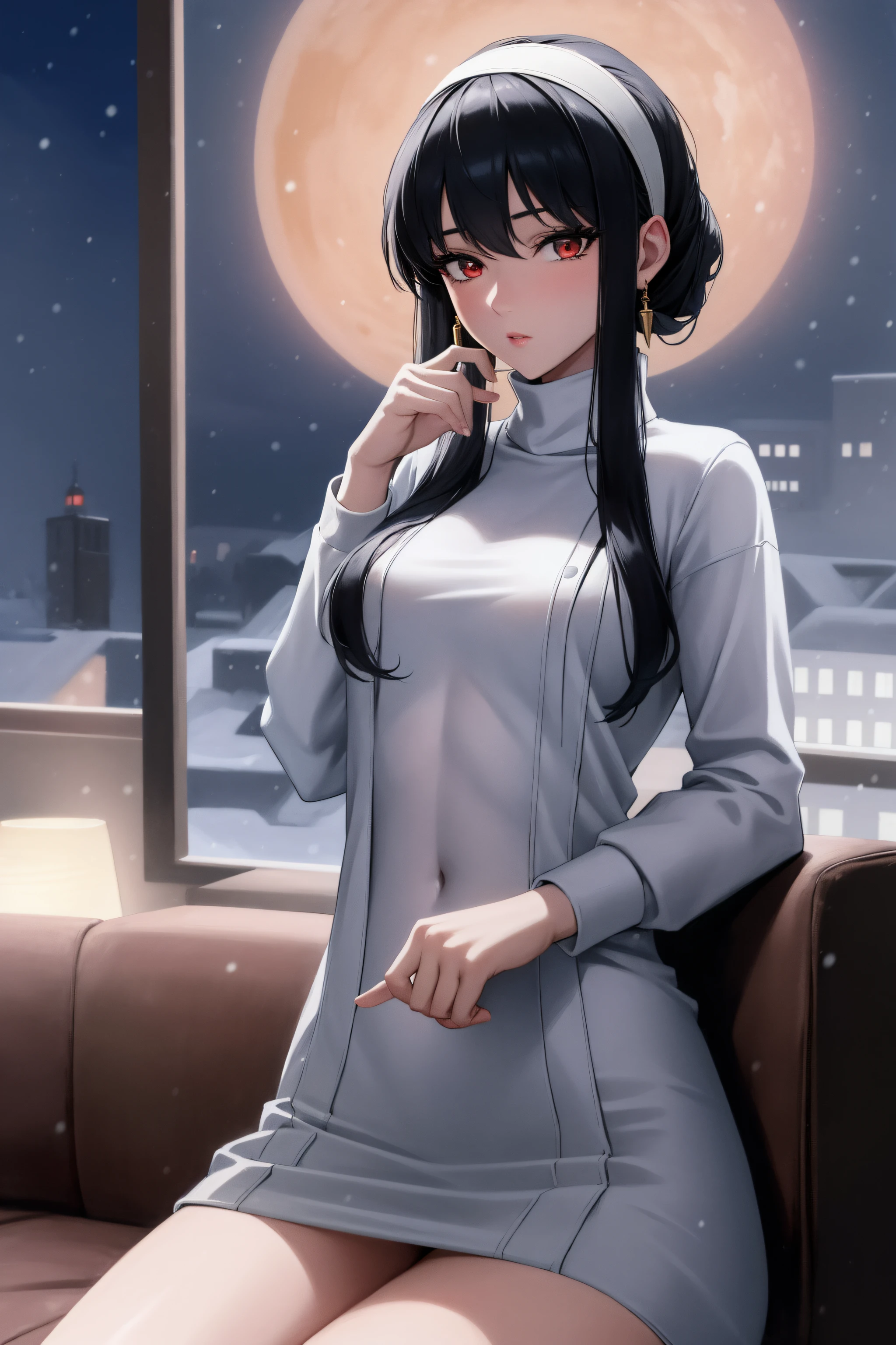 (Night:1.7), palms, pine_tree,sky,snow, snowing,tower, town, tree,
sitting at attention,sitting on couch,
pink turtleneck black capelet white shirt jewelry white sleeves long sleeves navel cutout black skirt pink frills,
bbyorf, short hair with long locks, white hairband, red eyes, gold earrings, 
1 girl, 20yo,mature female,Beautiful Finger,Beautiful long legs,Beautiful body,Beautiful Nose,Beautiful character design, perfect eyes, perfect face,
looking at viewer, (innocent_big_eyes:1.0),(expressionless:1.3),
NSFW,official art,extremely detailed CG unity 8k wallpaper, perfect lighting,Colorful, Bright_Front_face_Lighting,
(masterpiece:1.0),(best_quality:1.0), ultra high res,4K,ultra-detailed,
photography, 8K, HDR, highres, absurdres:1.2, Kodak portra 400, film grain, blurry background, bokeh:1.2, lens flare, (vibrant_color:1.2)
(Beautiful,medium_Breasts:1.4), (beautiful_face:1.5),(narrow_waist),