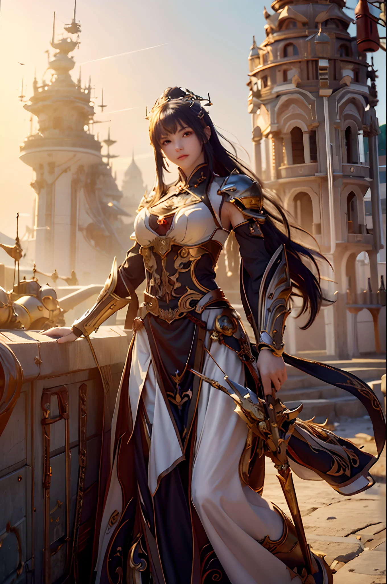 Masterpiece, 8K UHD, detailed, fantasy art. Amidst a vast battlefield littered with the remains of fallen robots, the setting sun casts a radiant hue of deep red, weaving a contrast of despair and hope. Standing resiliently against this backdrop is a Chinese warrior woman, her silhouette shaped by a futuristic armor that both intimidates and mesmerizes. In her grasp, a sword gleams, its blade echoing stories of battles fought. Her gaze is steady, reflecting a mix of determination and melancholy, capturing the essence of a world torn between technology and tradition. The sun's ethereal light, combined with the scattered robotic debris and her imposing presence, crafts an evocative scene of valor, beauty, and reflection.