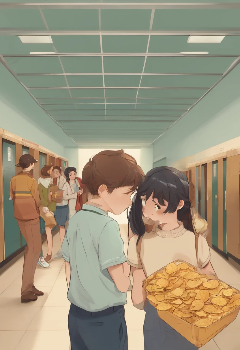 Boys and girls in the hallway of the high school campus,Standing side by side,Eat potato chips together