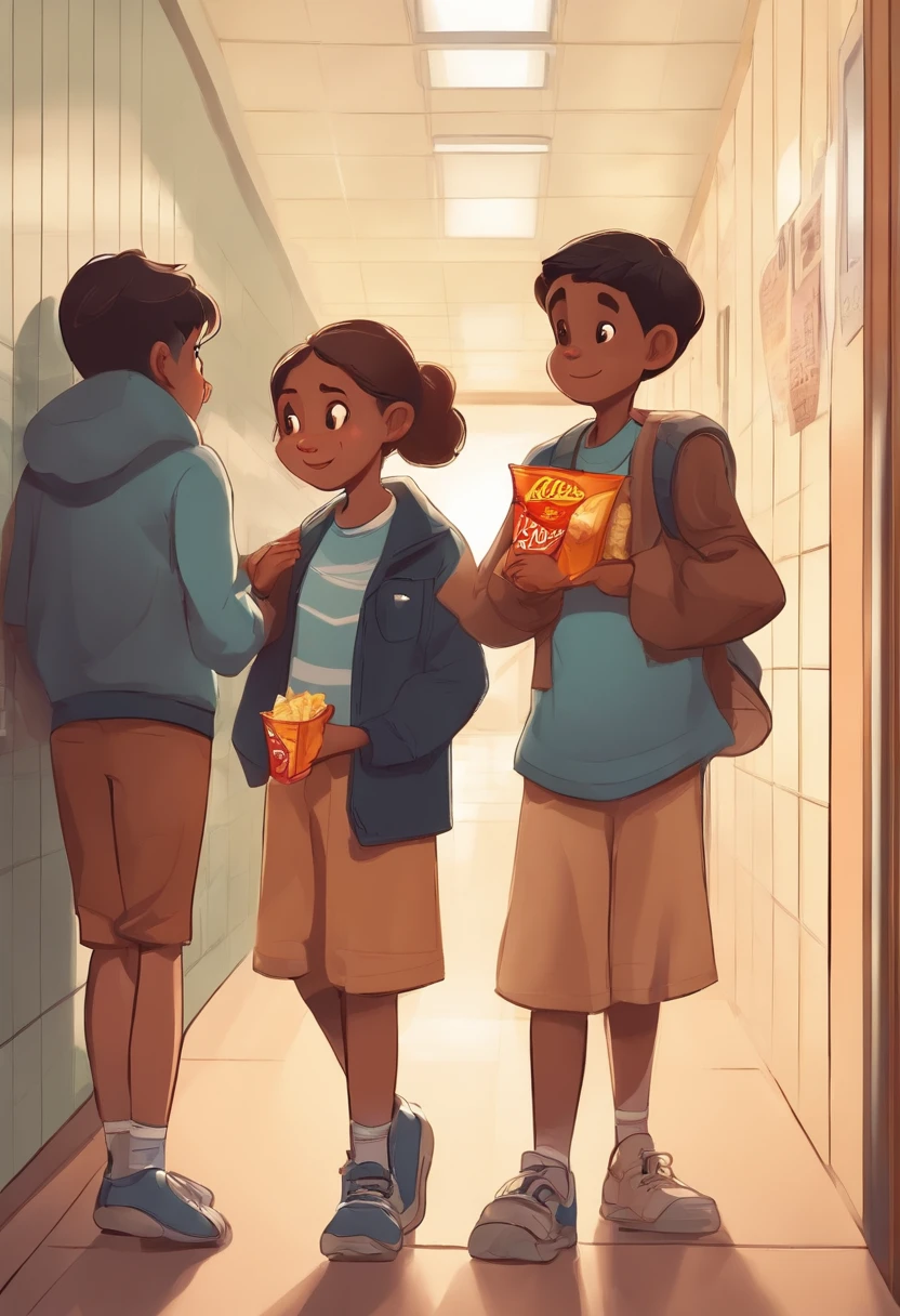 Boys and girls in the hallway of the high school campus，Standing side by side，Eat potato chips together