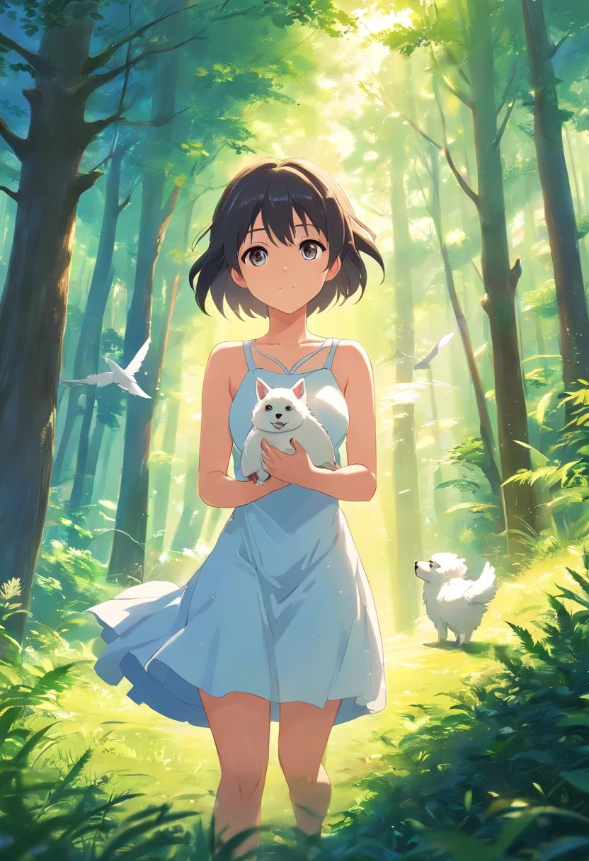 (Best quality,highr:1.2),Fotorrealista,anime big breast,A princess,girl,white dresses,small,adolable,Cartoon dog,(The low girl holds a wounded bird)Rio Claro in your hands,ln the forest,rays of sunshine,Eye contact