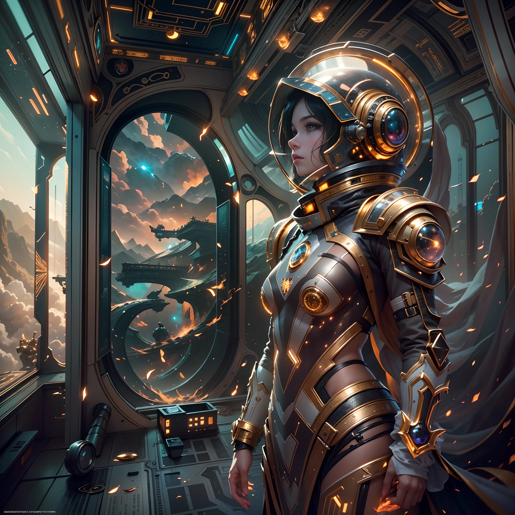 in a panoramic view,photorealestic,Luxurious beauty astronaut,The spacesuit consists of modular gold machinery,Gold and precious metal casting,See the face of the beautiful woman through the high-tech display on the surface,It features charming Ottoman decorative motifs,Set with luxurious gemstones in a variety of colors,Dorsal protrusion device,Decorated with diamonds,Set on a desolate alien planet,starry sky bright,Perfectcomposition,the detail,The light and shadow work best,HighestQuali,This CG-rendered realistic painting gives a grand scene and visual impact,Let the viewer feel a wonderful and magnificent sci-fi world。Epic,detail-rich,It forms a spectacular sight,Use Pixai to bring powerful AI models to life, Show the limitless creativity and possibilities of our imagination. Experience the future of the cityscape at Pixai,Immerse yourself in a visionary world of art,the detail, Masterpiece, Best quality, 8K, (Oily skin, cell-shaded:1.3), line art in colour, (The art of Maciej Cuciara:1.15), art of greg rutkowski,Intricate details, finetextures, Surreal,Perfectcomposition,A detailed,Cinematic texture,realisticlying,photorealestic,HighestQuali,,Version tone mapping, highly detailed, Smoothness, Sharp focus, Beautiful illustration, Epic effect,photore, The light from the back window is backlighted, 动态照明, Mist, 复杂, filmgrain, professinal,,Volumetriclighting, subsurfacescattering, Good highlights, Good shadows, cinematic ligh,Beautiful studio soft light,rim-light,ellegance,beatiful background,rendering by octane,HR Giger style,8K,top Quority,tmasterpiece,illustratio,smooth and beautiful,highly detailed,CG wallpaper,(realisticlying,Fidelity:1.37),outstanding,Exquisite details,tmasterpiece
