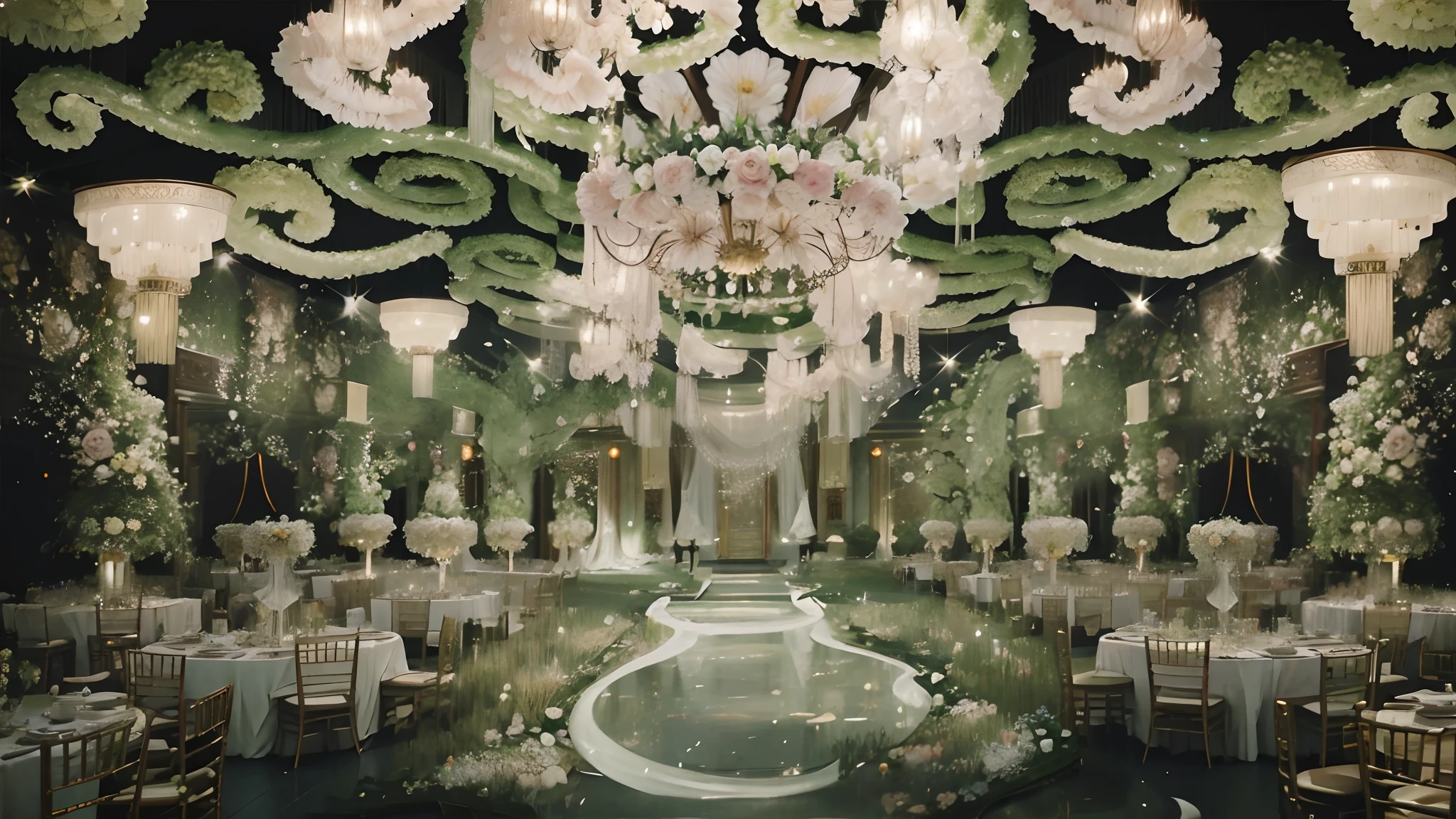 There was a big room,There are a lot of flowers and chandeliers inside, intricate sparkling atmosphere, Magical atmosphere + Masterpiece, magical dream-like atmosphere, Ethereal and dreamy theme, very magical and dreamy, beautiful aesthetic design, luxurious environment, ballroom background, luxurious wedding, Beautiful rendering of the Tang Dynasty, Dramatic dream lighting, ethereal lighting - h 640,Remove the watermark,