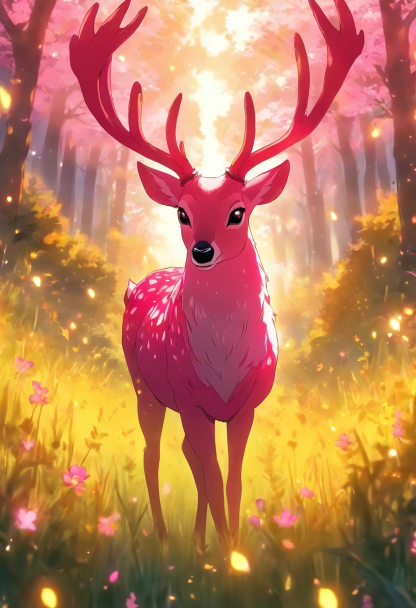 a detailed anime drawing of a large adult ((pink)) deer with ((bright yellow eyes)) that gives off a aura of grace with large heart-shaped antlers dashing through a meadow by itself