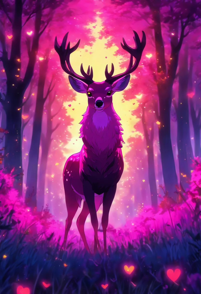 a detailed anime drawing of a large adult ((pink)) deer with ((bright yellow eyes)) that gives off a aura of grace with large heart-shaped antlers dashing through a meadow by itself
