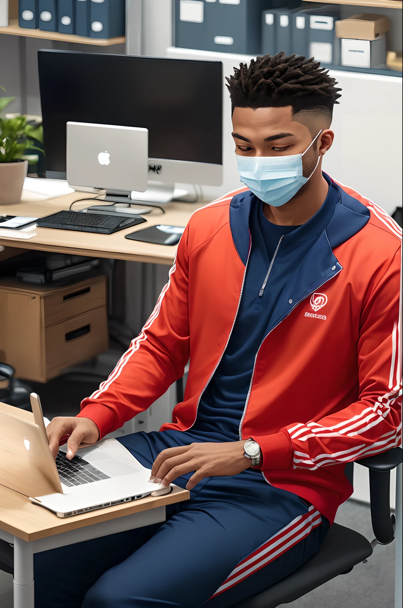 Create a detailed image description of a man wearing a face mask, dressed casually with a tracksuit, sitting behind a desk. The man doesn't seem to be working, but rather relax or spend time at your desk. The office can be messy or disorganized to reflect that laid-back vibe. Be sure to describe the overall mood of the scene and the details that make the image look realistic.