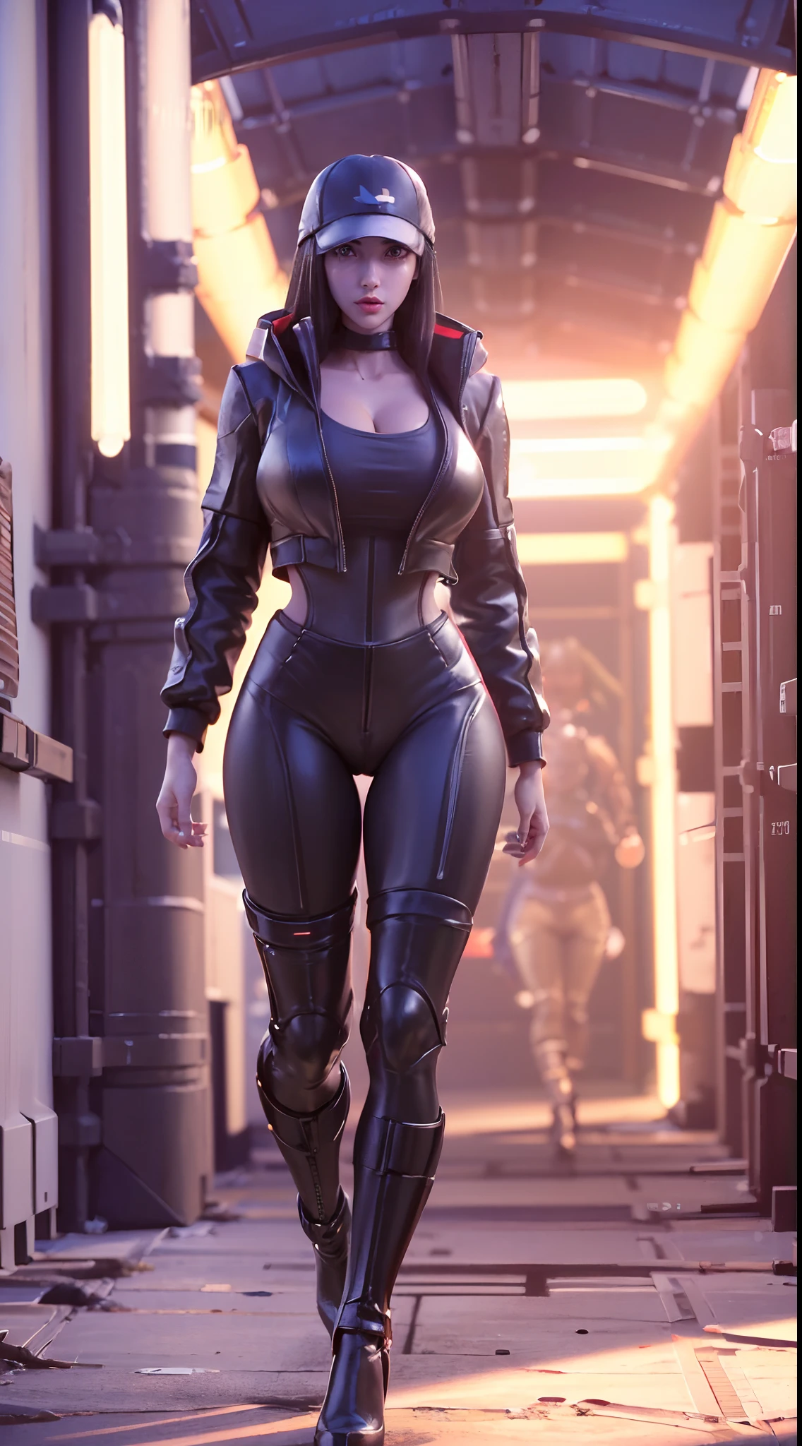 (1GIRL), (ALONE), (super detailed face), (black hair:1), (BIG BUTTOCKS, HUGE FAKE BREAST:1.3), (CLEAVAGE:1.5), (MUSCLE ABS:1.3), (MECHA GUARD ARMS:1.3), (RED,BLACK SHINY FUTURISTIC TRACKSUIT CROP TOP, LEATHER OPEN JACKET, MECHA SKINTIGHT SUIT PANTS, MECHA GUARD LEGS, HIGH HEELS:1.5), (THICC MUSCULAR FEMALE BODY, GLOWING SKIN, SEXY LONG LEGS:1.1), (LOOKING AT VIEWER:1.3), (female focus:0.886), (WALKING DOWN HALLWAY OF FUTURISTIC SPACE STATION:1), (BRIGHT LIGHT WHITE_ROOM:1.3), HYPER TEXTURE, UNREAL ENGINE RENDER, PHYSICALLY-BASED RENDERING, ULTRA HIGHT DEFINITION, 16K, 1080P.