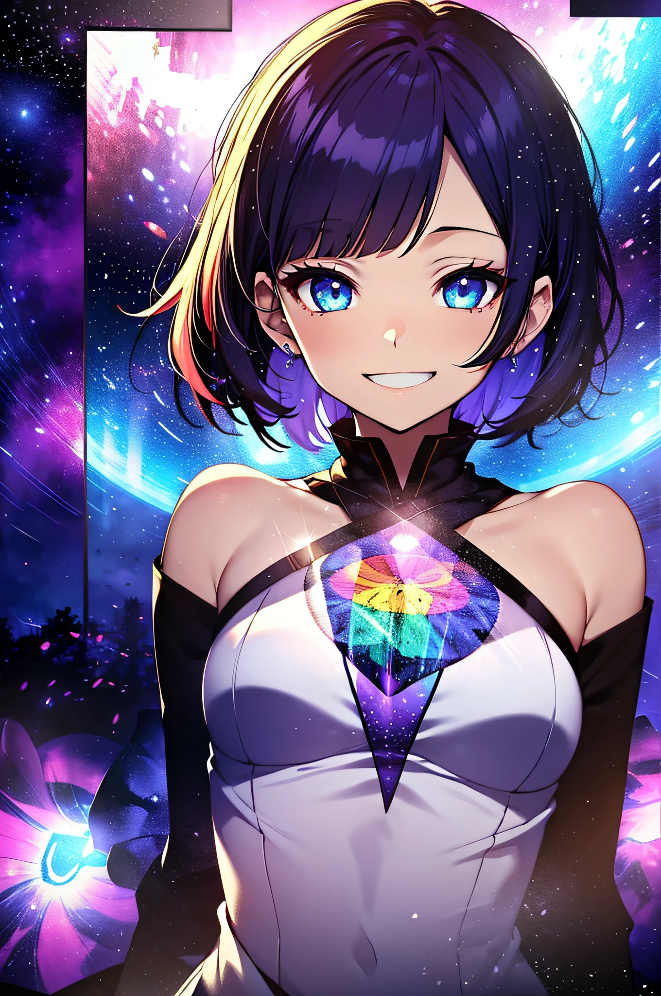 (masutepiece:1.3), (Best Quality:1.3), High resolution, Couboy Shot, on back,Superb view、Have the best smile、huge smile, (One Cute Girl:1.3), Solo, huge smile、A ring of iridescent angels floats above my head、Angel Ring、Eight-headed body、Colorful starry sky,White dress、Pretend dress、Focus on the brightness of your eyes、Smile embarrassedly、Eyes closed and smiling、Holding your stomach and smiling、Purple hair, (bobhair:1.2), Mixed mesh and light blue、Short Bob Hair, (Blunt bangs:1.2), Beautiful hair, Eyes are purple, Miraculous Eye、Beautiful detailed eyes, ultradetailed eyes、Glitter eyes,from the rear、Colorful starry sky,Stars,Iridescent aura around the eyes、Put your hands on your hips、Lie down and stick your hips out、Iridescent eyes、Narrowed eyes sucked in,Wearing a rainbow-colored aura from the whole body、 Shadow lighting,perfectbody、5 fingers、perfect hand