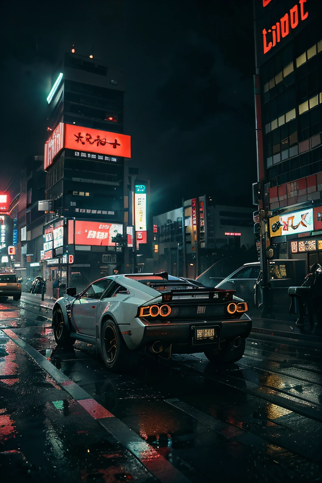 Help me generate a tech world with cyberpunk,A colorful neon building is required,And flying cars like Akira's kind of locomotive,The weather is raining,The feeling of fog,and clashes with gunfire