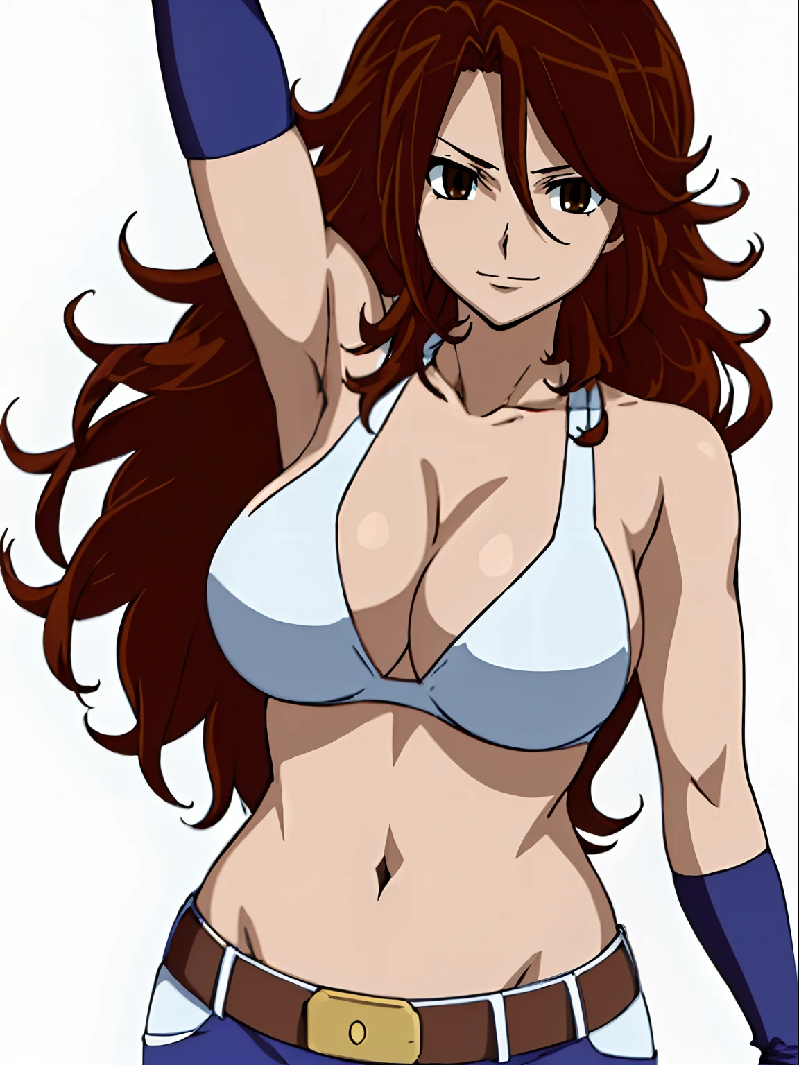 Flexing arm muscles, Karate stance, ((solo)), Best Quality, hires, curvy midsection, (tilt head, defined weak muscles, detailed muscles), smile, happy), upper body only, anime style: 1.8, anime drawing, ultra detailed face, ultra detailed body, 4k, Sumergai Lee Noriega, karate stance, best quality, anime style, hires, highest definition, digital blending, bold drawing lines, (((White Background))), ( (defined muscles), long attractive belly, slim body, ((strong arm muscles)), broad shoulders , off-shoulders, closed fists, (slutty bra, shorts, white gloves, , arm band, (champion belt))), (large breasts, defined cleavage, closed mouth, sexy navel, shiny skin), (big eyes, brown eyes, shiny eyes), (reddish hair, loose hair, curly hair, wavy hair, long hair, floating hair)