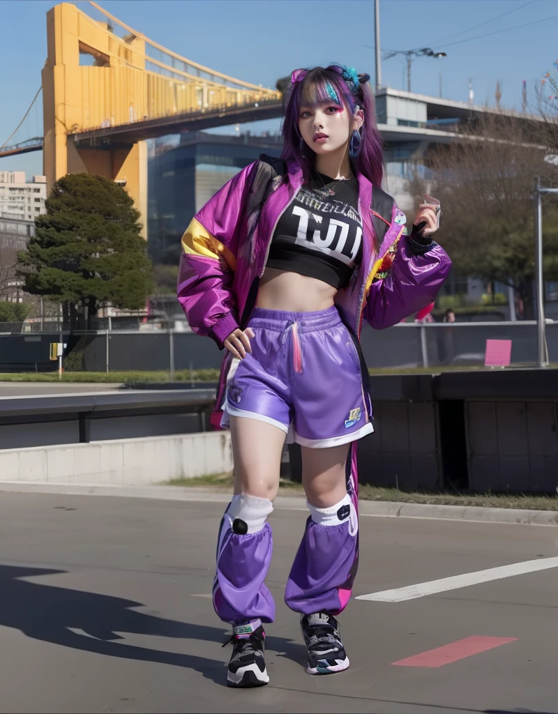 Cyberpunk Idol、Good Style、Colorful hair、Colorful shorts、、Idol face、very large breast、、Colored tights、Track jacket