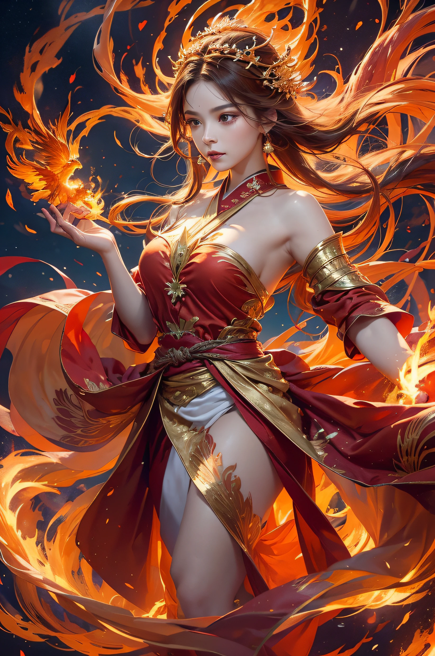 Masterpiece, 8K Ultra HD, Ethereal Glow: Amidst the serene backdrop of ethereal flames, stands a graceful fire goddess, her form enveloped in a delicate aura of flames reminiscent of the majestic flight of a phoenix. Her hair, a cascade of shimmering ember strands, glimmers with soft, fiery hues. Her eyes, profound pools of luminance, gleam brilliantly, projecting both warmth and power. Atop her head, a diadem made of intertwined flames crowns her, signifying her divine status. Clothed in a full-length radiant silk hanfu, the fabric is adorned with gentle fire motifs and covers her with the elegance and fluidity of flowing silk under a moonlit sky. As she moves, the flames around her twirl and flutter, creating a ballet of fire, mirroring the mesmerizing dance of a phoenix in flight, making her the true epitome of a celestial fire deity.