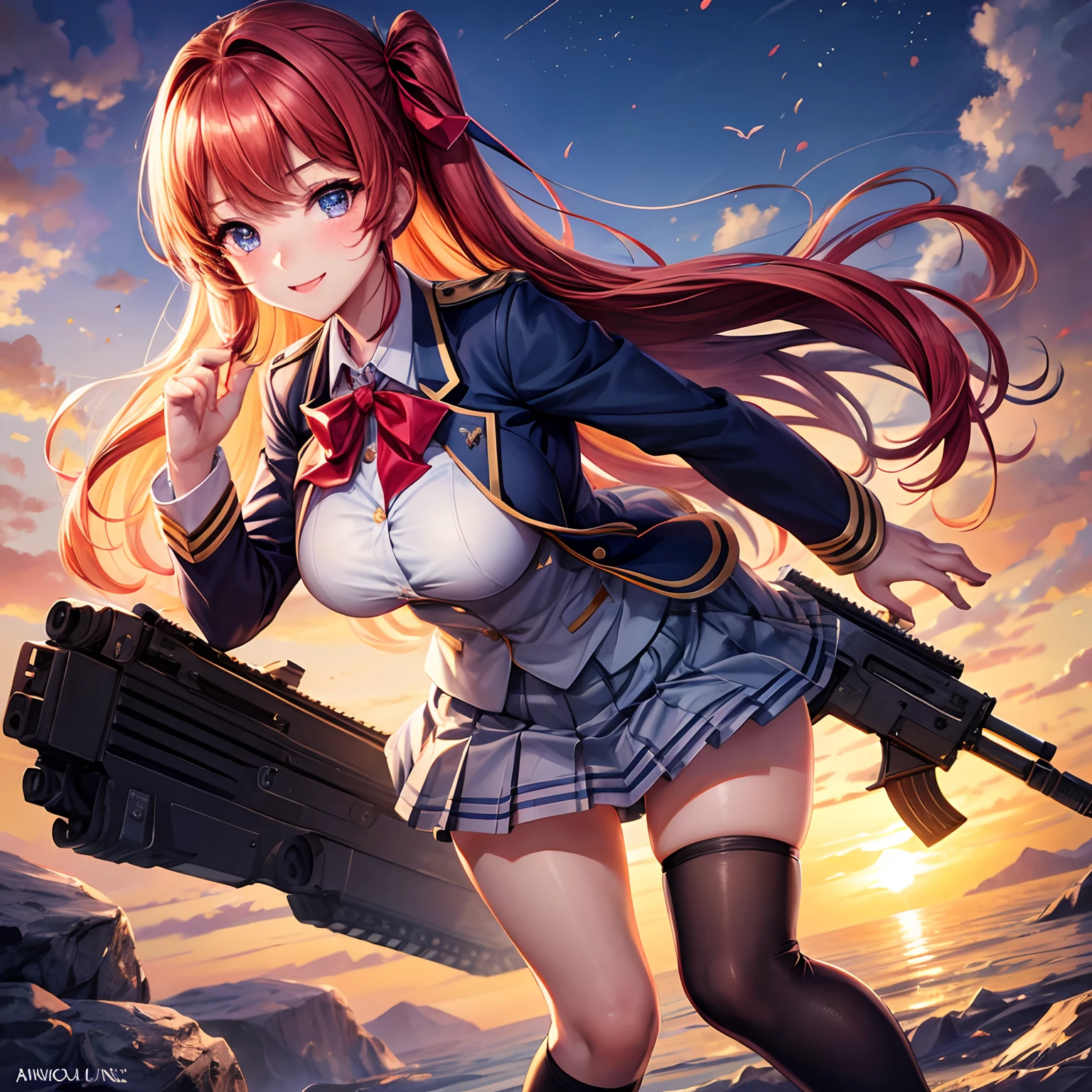 a beauty girl,Ribbon on uniform,Cute uniform,blazers,A smile,Girl with an assault rifle,Savage Girls,girl,top-quality,Colossal tits,masterpiece,Excellent style,Erotic Cute,超A high resolution,beautiful a girl,Lovely girl,multicolored hair,Loose socks,HD image quality,beautidful eyes,Perfect Beautiful Girl