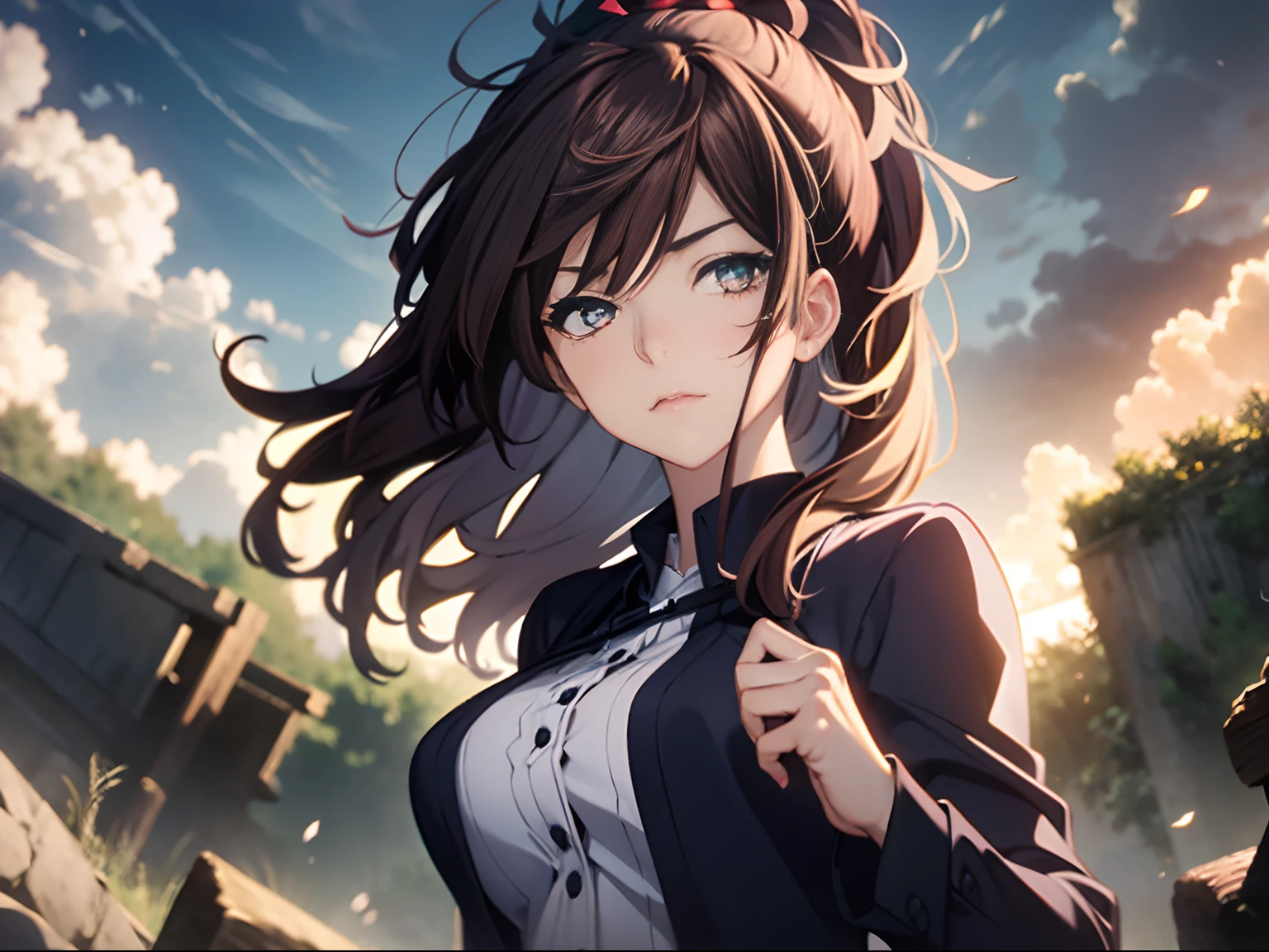 one-girl,(The action of reaching out 1.5),(sideface),Brown hair, Hair Bow, aqua eyes, frown, parted lips, anime, cinematic lighting, chiaroscuro, backlighting, cowboy shot