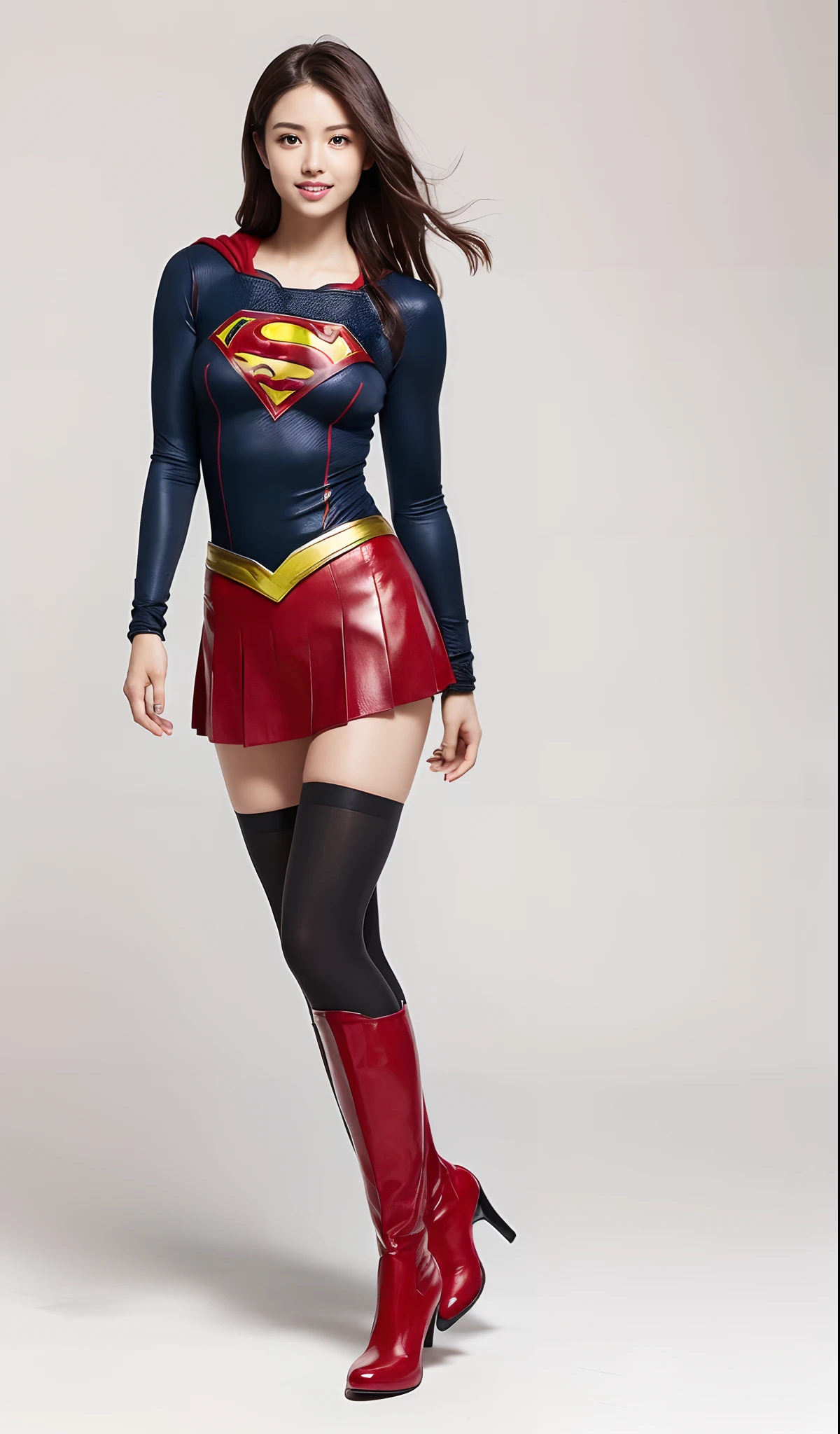 (((Wear black tights on your beautiful legs.)))、(((Grow legs、tall、beauty legs)))、(((facial expression of smile)))、((((Make the most of the original image)))、(((Supergirl Costume)))、(((beautiful hairl)))、(((Suffering)))、(((Feet must necessarily be worn with black tights)))、(((You need to wear red boots)))、((Top image quality、8K))、((top-quality、8K、​masterpiece:1.3))、(((Keep your background simple)))、Crisp focus:1.2、Beautiful woman with perfect body shape:1.4、Slender Abs:1.2、Highly detailed facial and skin texture、8K、Asian Beautiful Girl