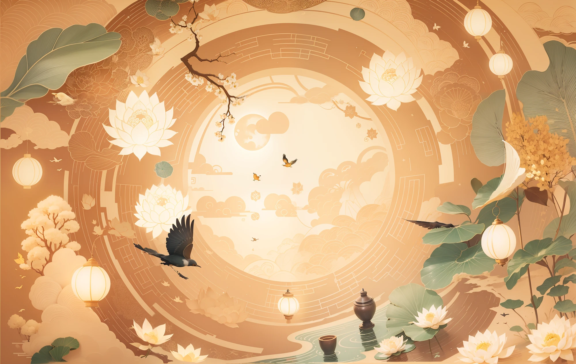 Mid-Autumn Moonlight, He style lotus, Auspicious Yunhe hand-drawn,sweet osmanthus,Two birds flying in the sky,a plant,Chinese textures,Chinese border,