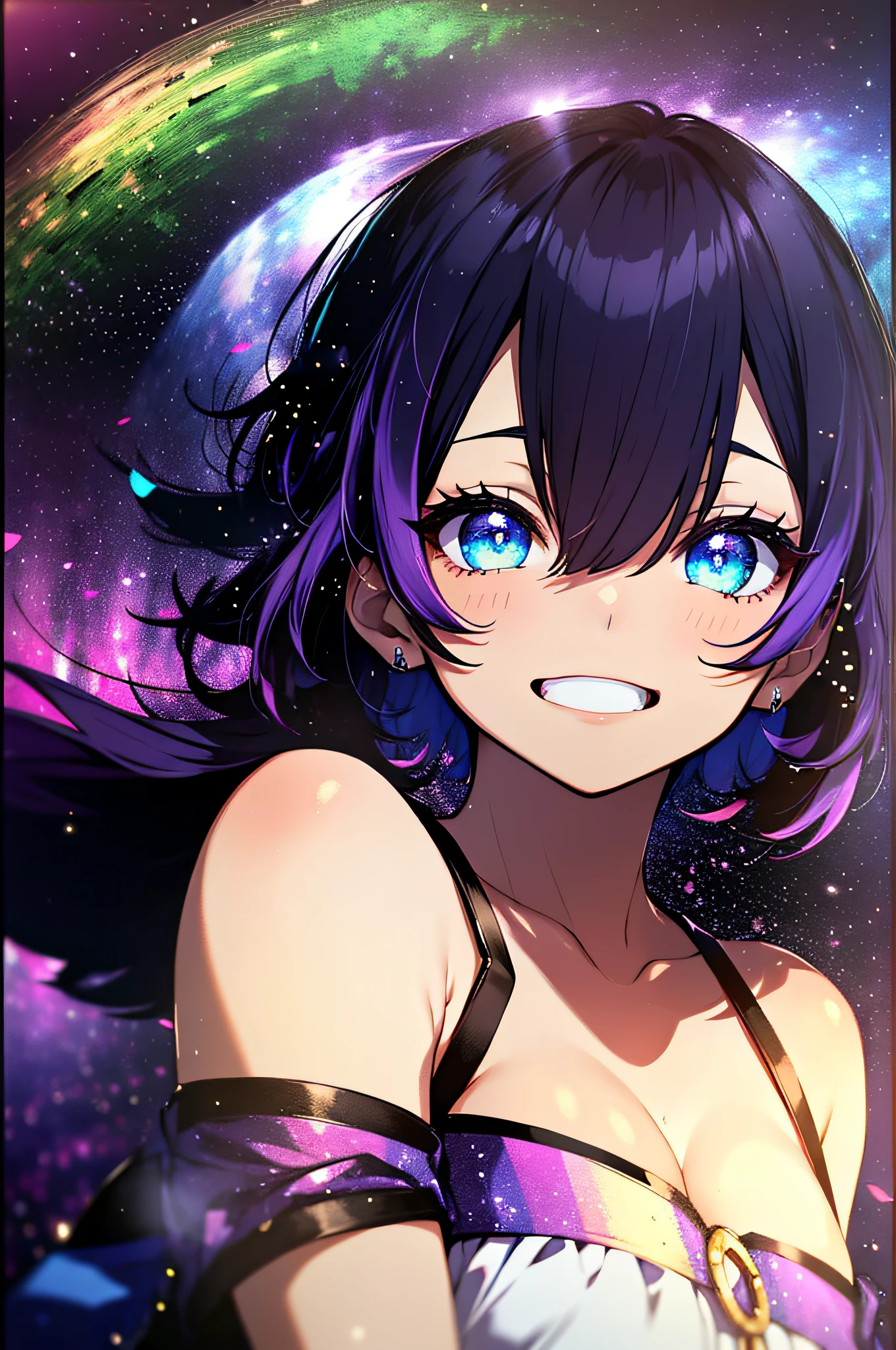 (masutepiece:1.3), (Best Quality:1.3), High resolution, Couboy Shot, on back,Superb view、Have the best smile、huge smile, (One Cute Girl:1.3), Solo, huge smile、A ring of iridescent angels floats above my head、Angel Ring、Eight-headed body、Colorful starry sky,White dress、Pretend dress、Focus on the brightness of your eyes、Smile embarrassedly、One eye closed、One eye is blocked、Holding your stomach and smiling、Purple hair, (bobhair:1.2), Mixed mesh and light blue、Short Bob Hair, (Blunt bangs:1.2), Beautiful hair, Eyes are purple, Miraculous Eye、Beautiful detailed eyes, ultradetailed eyes、Glitter eyes,from the rear、Colorful starry sky,Stars,Iridescent aura around the eyes、Put your hands on your hips、open arms、patting the head、Lie down and stick your hips out、Iridescent eyes、Narrowed eyes sucked in,Wearing a rainbow-colored aura from the whole body、 Shadow lighting,perfectbody