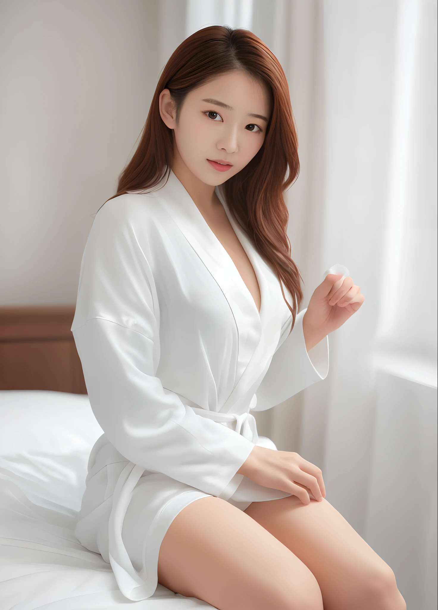 araffed asian woman in white robe sitting on a bed, wearing a simple robe, gorgeous young korean woman, wearing white robe, beautiful young korean woman, beautiful south korean woman, korean woman, korean girl, wearing a white robe, wearing simple robes, wearing white silk robe, wearing long white robe, wearing white pajamas, white robe, in white clothes