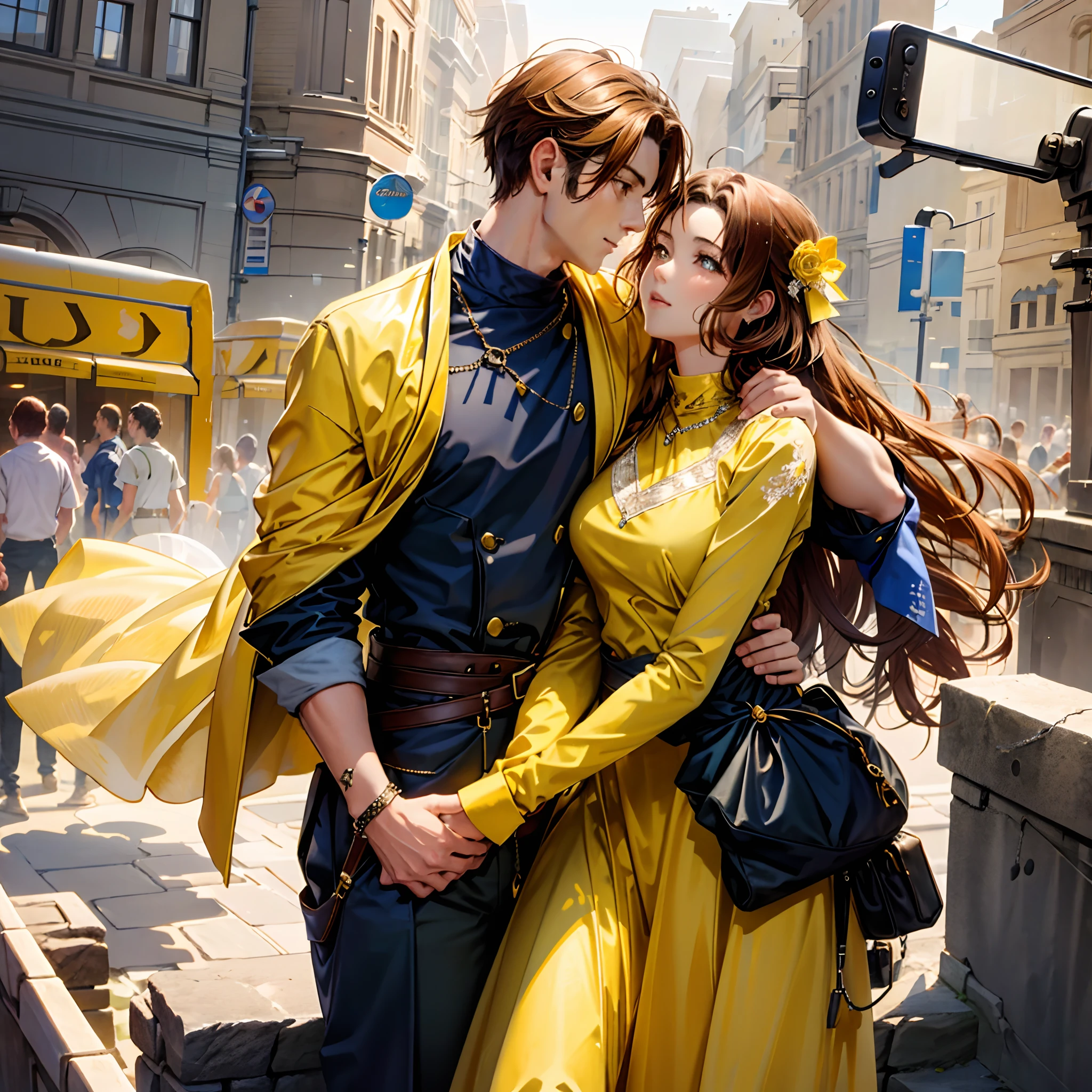 Beautiful and romantic picture,Women wear yellow dresses,Man bites woman's neck,The man puts his arm around the woman's waist,Tall figure,Handsome facial features,The man's affectionate eyes,The woman's eyes were confused,high qulity,tmasterpiece,The man puts his arm around the woman's waist,Flashy clothes,standing beside window,softlighting,fiction