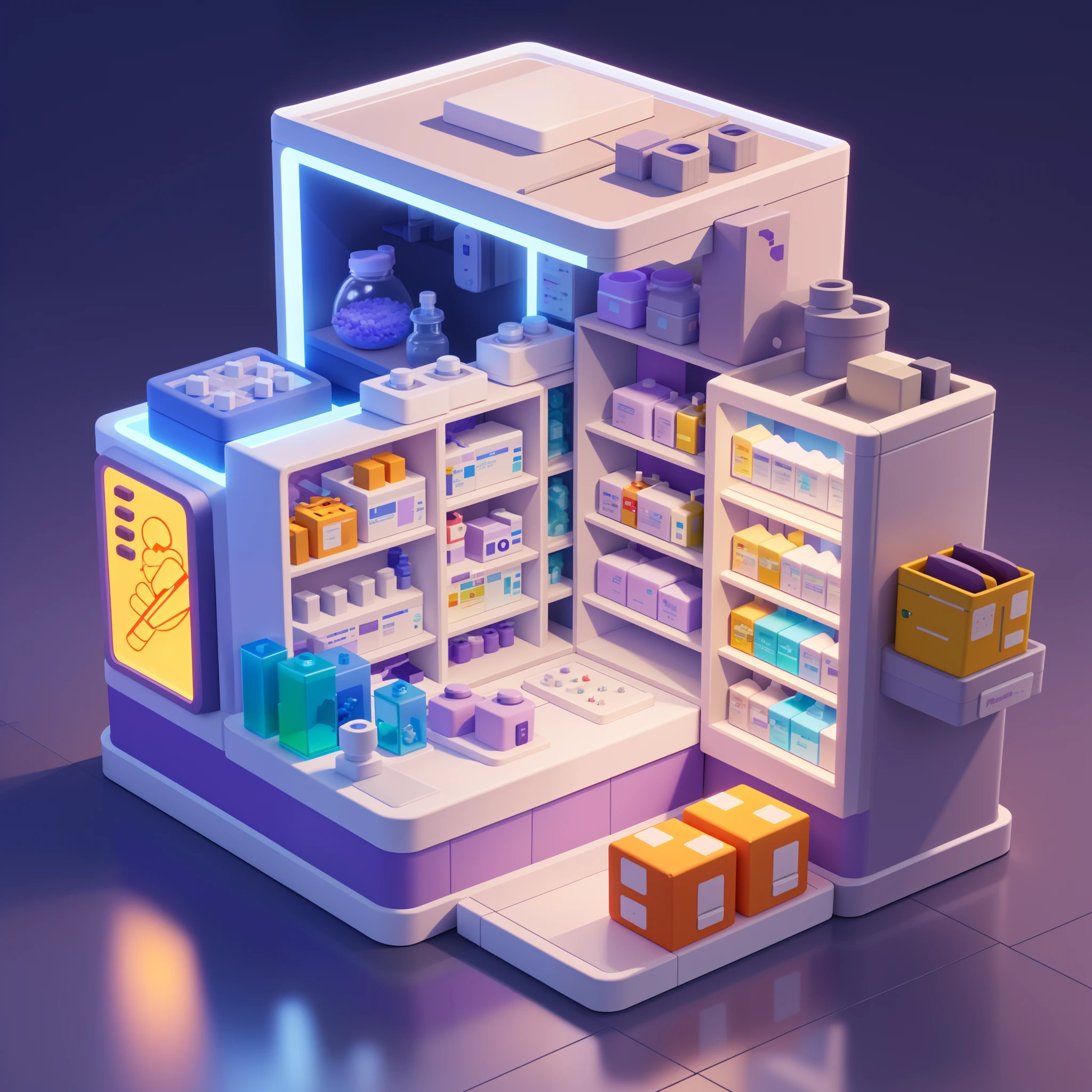 pharmacy，Small pharmacy，Portet，Transparent sphere，arte 3D，C4D，rendering by octane，3Drenderingof，Light traction，claymaterial，pixar trend，Popmart blind box，Animated lights，depth of fields，super detailing，Soft purple，Solid model，clean backdrop，Fine shine，Soft focus，overclocking，Institute of the Pharmaceutical Sector，Look up at the perspective，best qualtiy，8K