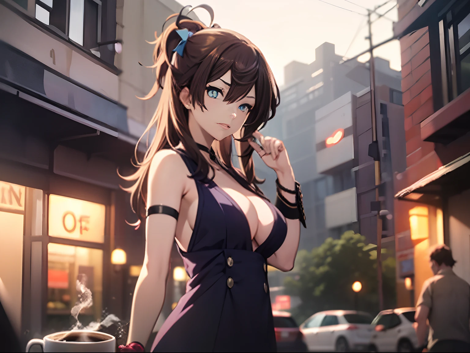 In front of the coffee shop，one-girl，(Gesture of reaching out 1.5)，(sideface)，Brown hair, Hair Bow, aqua eyes, scowling, parted lip, anime big breast, Cinematic lighting, Chiaroscuro, back lit lighting, Cowboy shot