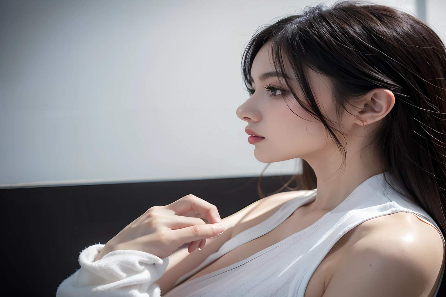 (Detailed, realistic images)、(Woman smelling her armpits) Sexy :8, （Armpit, jaw-dropping beauty）（A hyper-realistic), （phot), (hight resolution), (8K), (ighly detailed), (The best photos), (Beautiful detailed skin), (top-quality), (ultra-detailliert), (​masterpiece), (wall-paper), (详细的脸), (Realistic and detailed armpit wrinkles)、full of sweat,Upper body close-up,Armpit,Armpit smell、Shorthair with black hair,inner colored,Girl in simple white underwear, Hafu no Woman、 Colossal tits, (camel's toe)、(realisitic、Ultra-realistic and detailed skin、realistic and detailed face、Beautie)