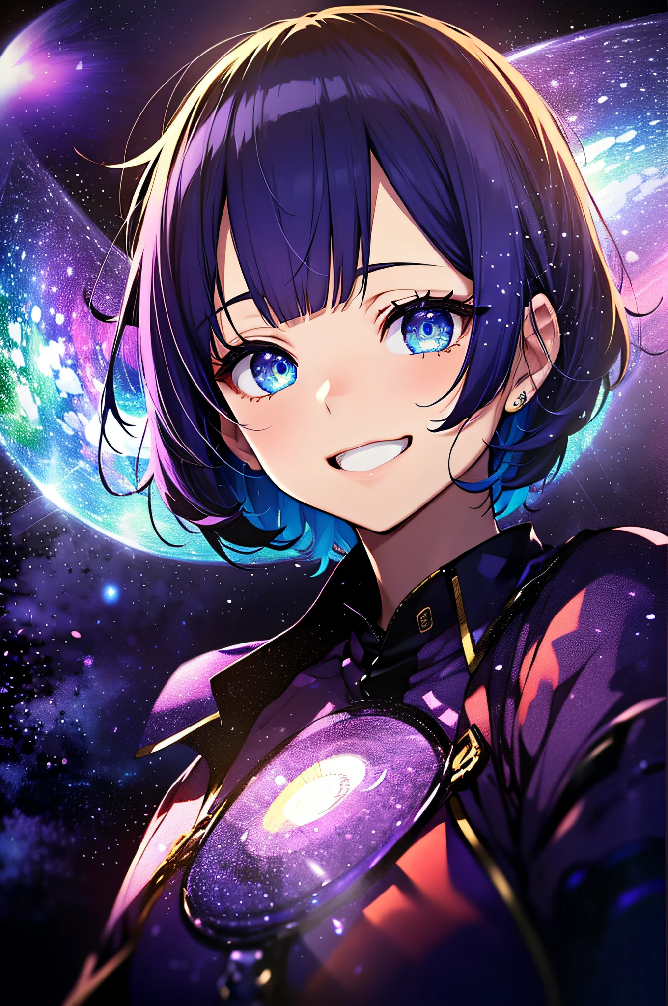 (masutepiece:1.3), (Best Quality:1.3), High resolution, Couboy Shot, on back,Superb view、Have the best smile、huge smile, (One Cute Girl:1.3), Solo, huge smile、A ring of iridescent angels floats above my head、Angel Ring、Eight-headed body、Colorful starry sky,White dress、Pretend dress、Focus on the brightness of your eyes、Smile embarrassedly、One eye closed、One eye is blocked、Holding your stomach and smiling、Purple hair, (bobhair:1.2), Mixed mesh and light blue、Short Bob Hair, (Blunt bangs:1.2), Beautiful hair, Eyes are purple, Miraculous Eye、Beautiful detailed eyes, ultradetailed eyes、Glitter eyes,from the rear、Colorful starry sky,Stars,Iridescent aura around the eyes、Put your hands on your hips、open arms、patting the head、Lie down and stick your hips out、Iridescent eyes、Narrowed eyes sucked in,Wearing a rainbow-colored aura from the whole body、 Shadow lighting,perfectbody