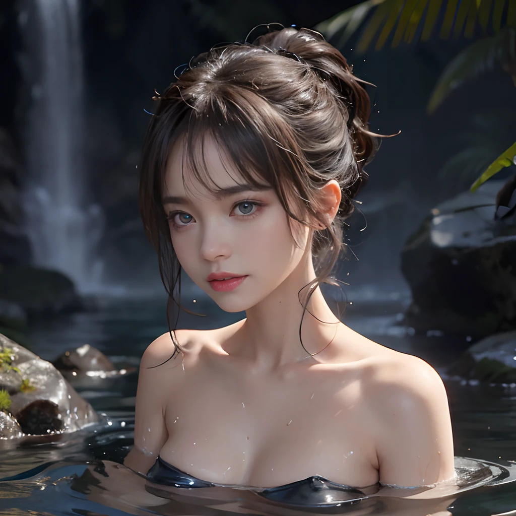night scene, Close-up photo of Danelia Tuleshova, Small breasts, Bathing near the waterfall, Body immersed in water, Lean-cheeked, Wet hair, chin up, Seductive face, No bra, stony, Water, Cleavage Show, Water on the body, Realistic pores of the body, Look up at the sky and smile, black ponytail hair, (Blue eyes:  0.8), Beautiful adult face, 40 I, soft volumetric lights, (back lighting: 1.3), (Cinematic: 1.3), Intricate details, (art  stations: 1.、nsfw